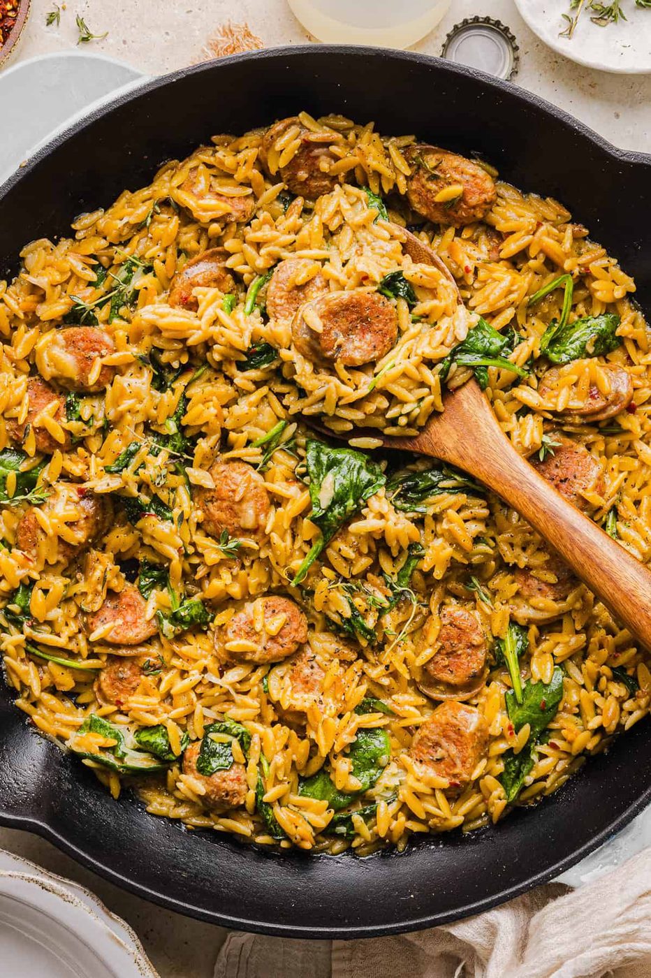 Silky Chicken Sausage Orzo Skillet