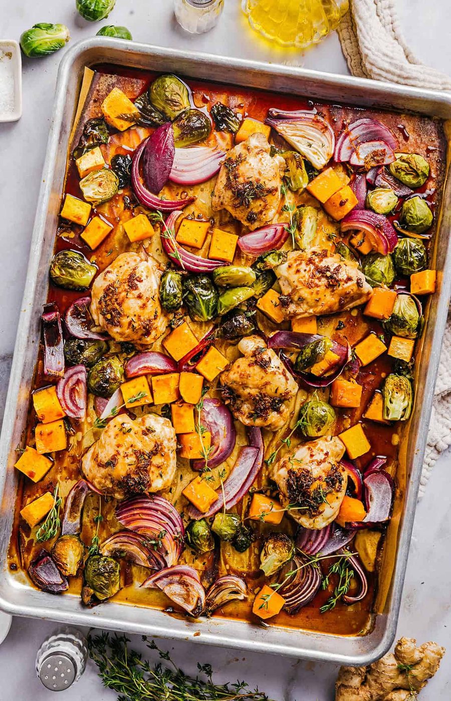 One-pan Maple Glazed Chicken with Butternut Squash & Brussels Sprouts