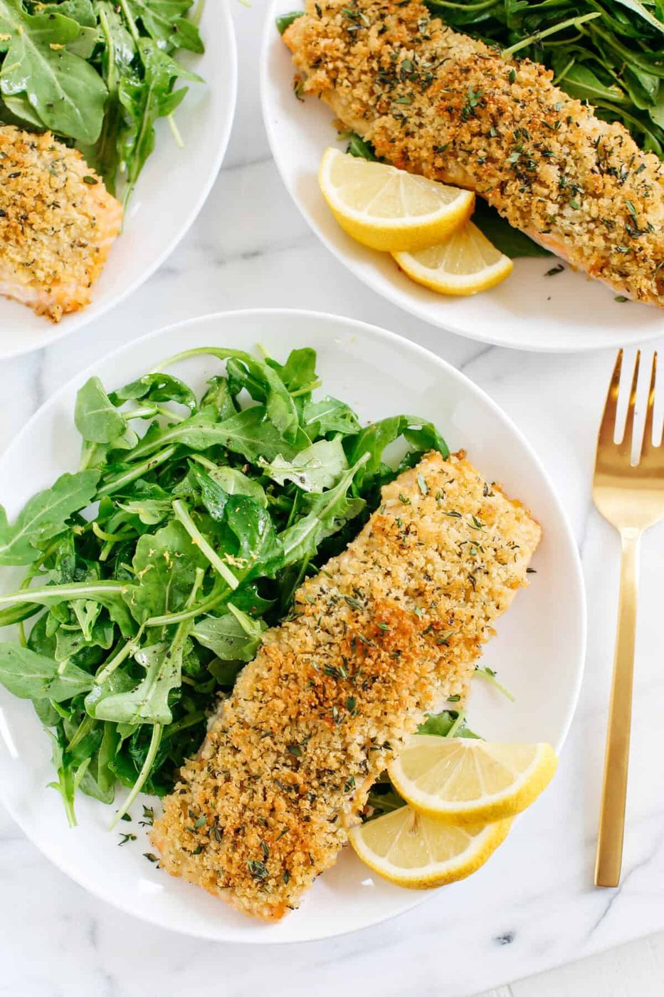 Crusted Hummus Salmon with Lemon Arugula Salad