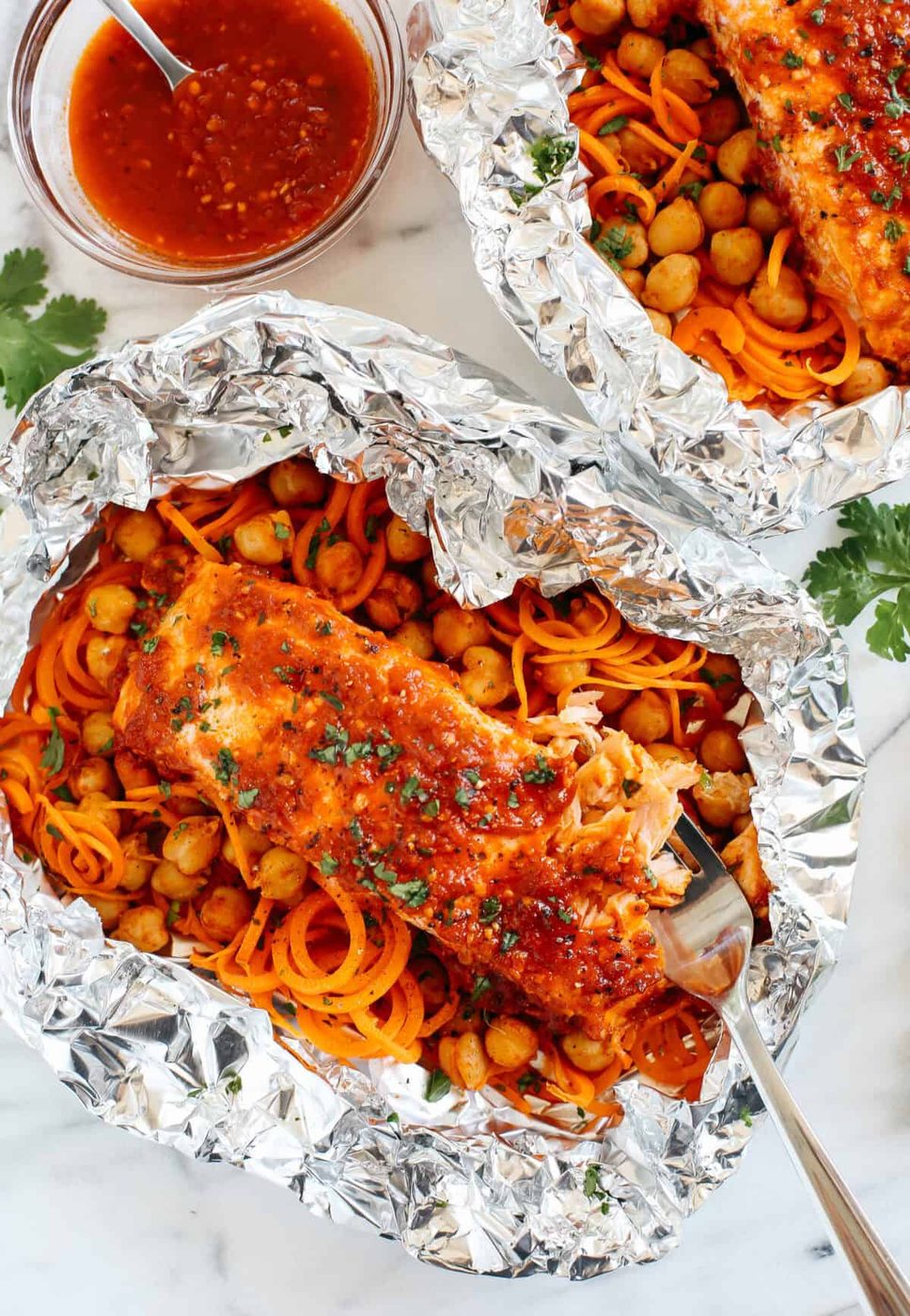 Moroccan Salmon Foil Packets with Carrot Noodles & Chickpeas