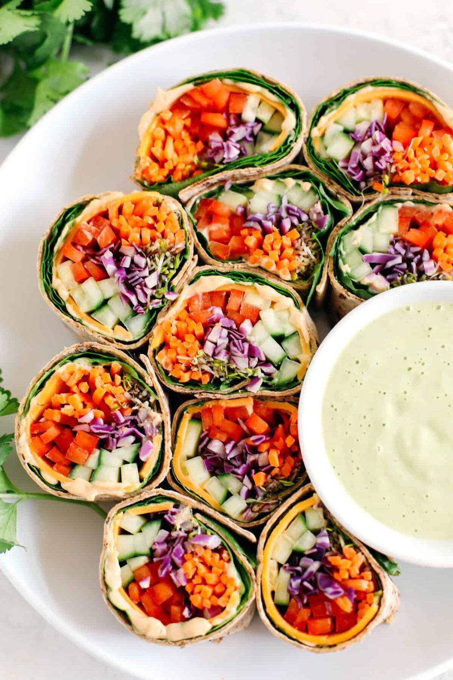 Veggie Rainbow Rolls with Ginger Avocado Dressing