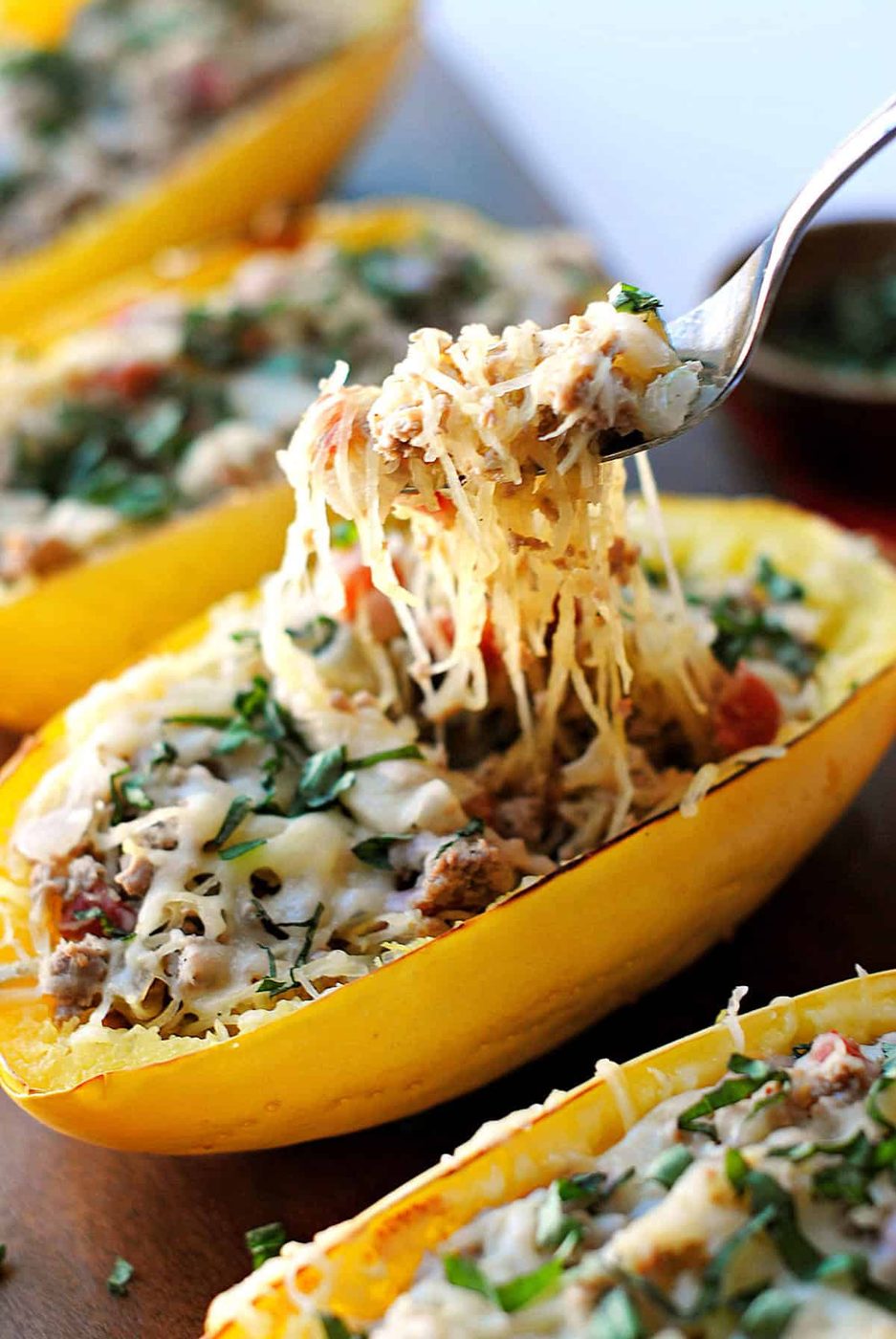 Squash Spaghetti Boats with Spicy Sausage