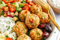 Mediterranean Chicken Meatballs with Feta and Herbed Yogurt