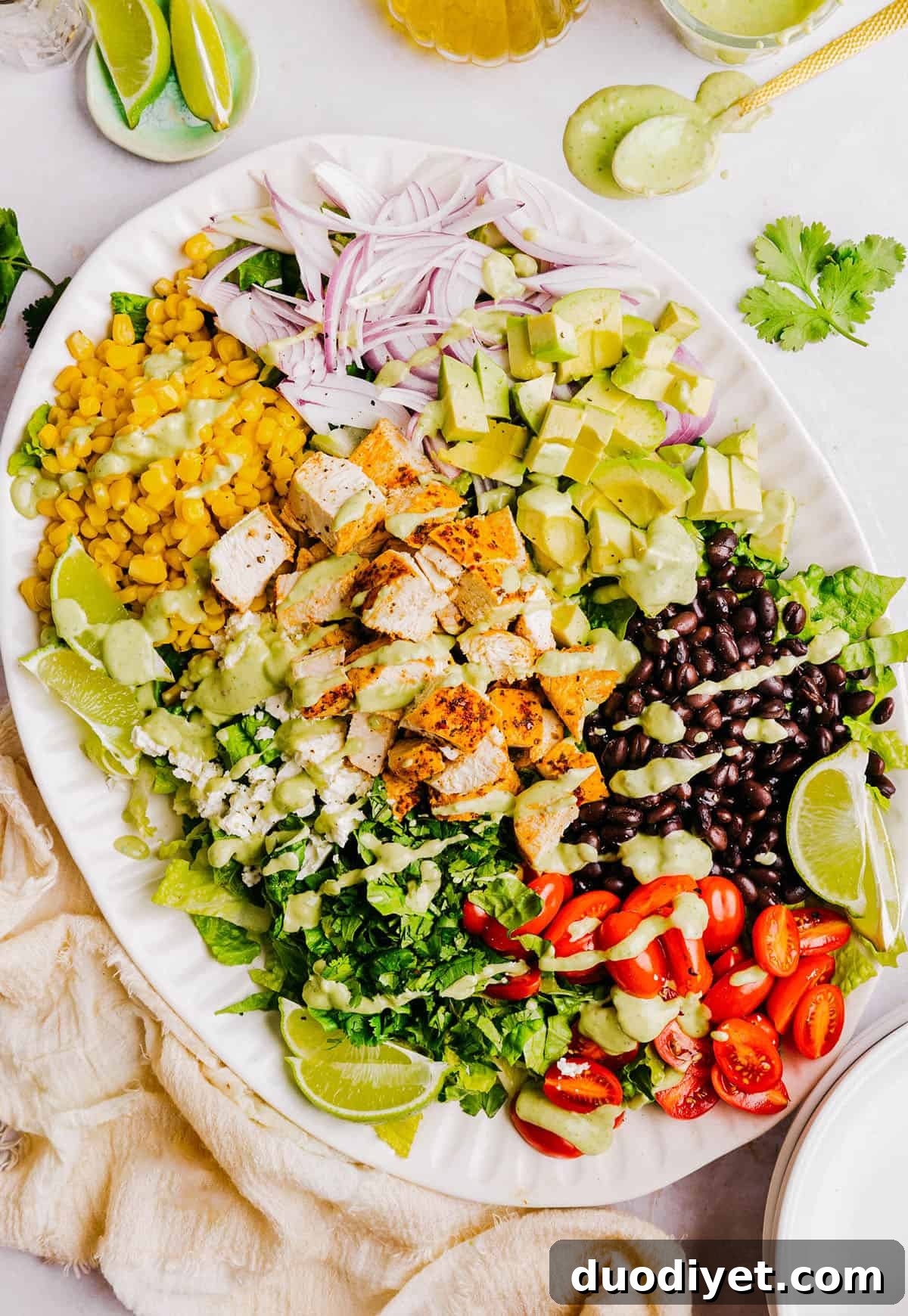 Southwest Chicken Salad with Creamy Avocado Dressing Recipe 2 The BEST Southwest Chicken Salad with Creamy Avocado Dressing! Made with colorful veggies, marinated grilled chicken, black beans, corn, crumbled cotija cheese and tossed with the most delicious avocado cilantro dressing!