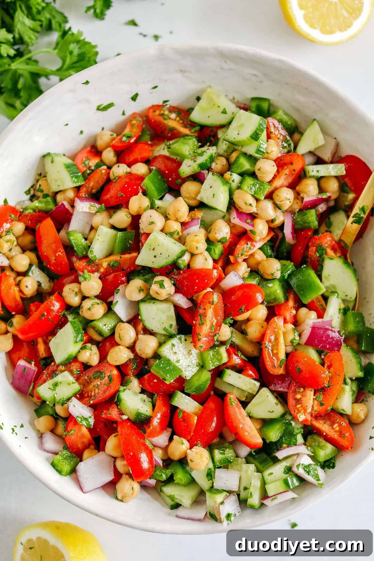 Mediterranean Tomato, Cucumber and Chickpea Salad 2 Tomato, Cucumber and Chickpea Salad with lemon vinaigrette