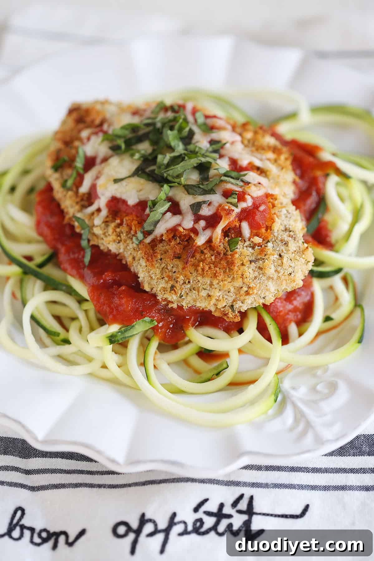 Low-Carb Baked Chicken Parmesan with Zoodles 5 This recipe for Baked Chicken Parmesan with Zucchini Noodles is healthy, delicious and can easily be made in just 30 minutes or less!