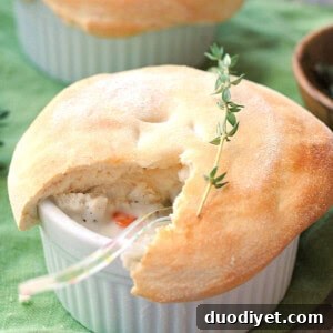 Finished skinny chicken pot pie in a ramekin