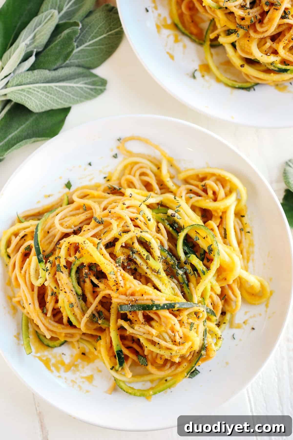 Butternut Squash & Sage Spaghetti with Zucchini Noodles that is healthy, delicious and can easily be made in just 30 minutes using a few simple ingredients!