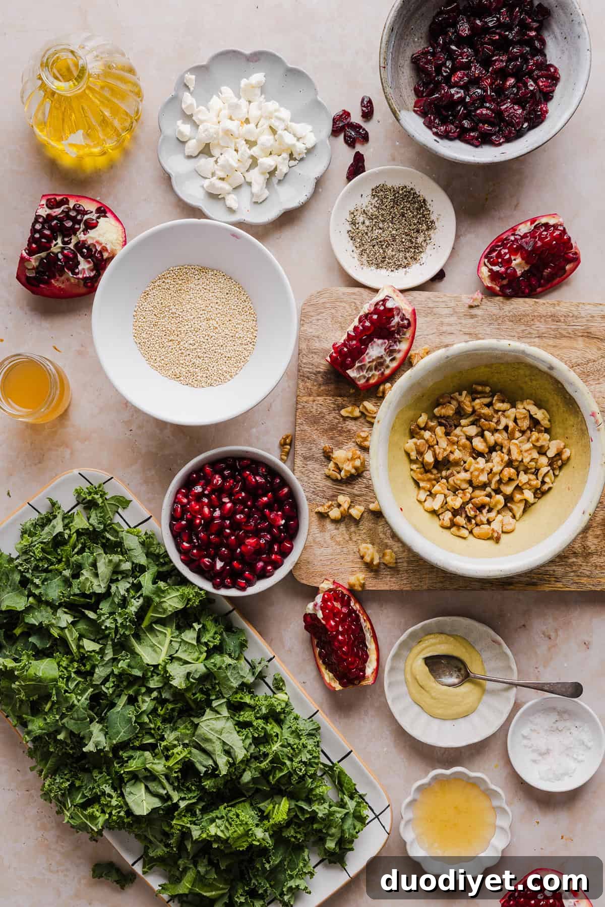 Winter Kale and Quinoa Salad Recipe 3 Close-up of Winter Kale and Quinoa Salad showing pomegranate seeds and goat cheese