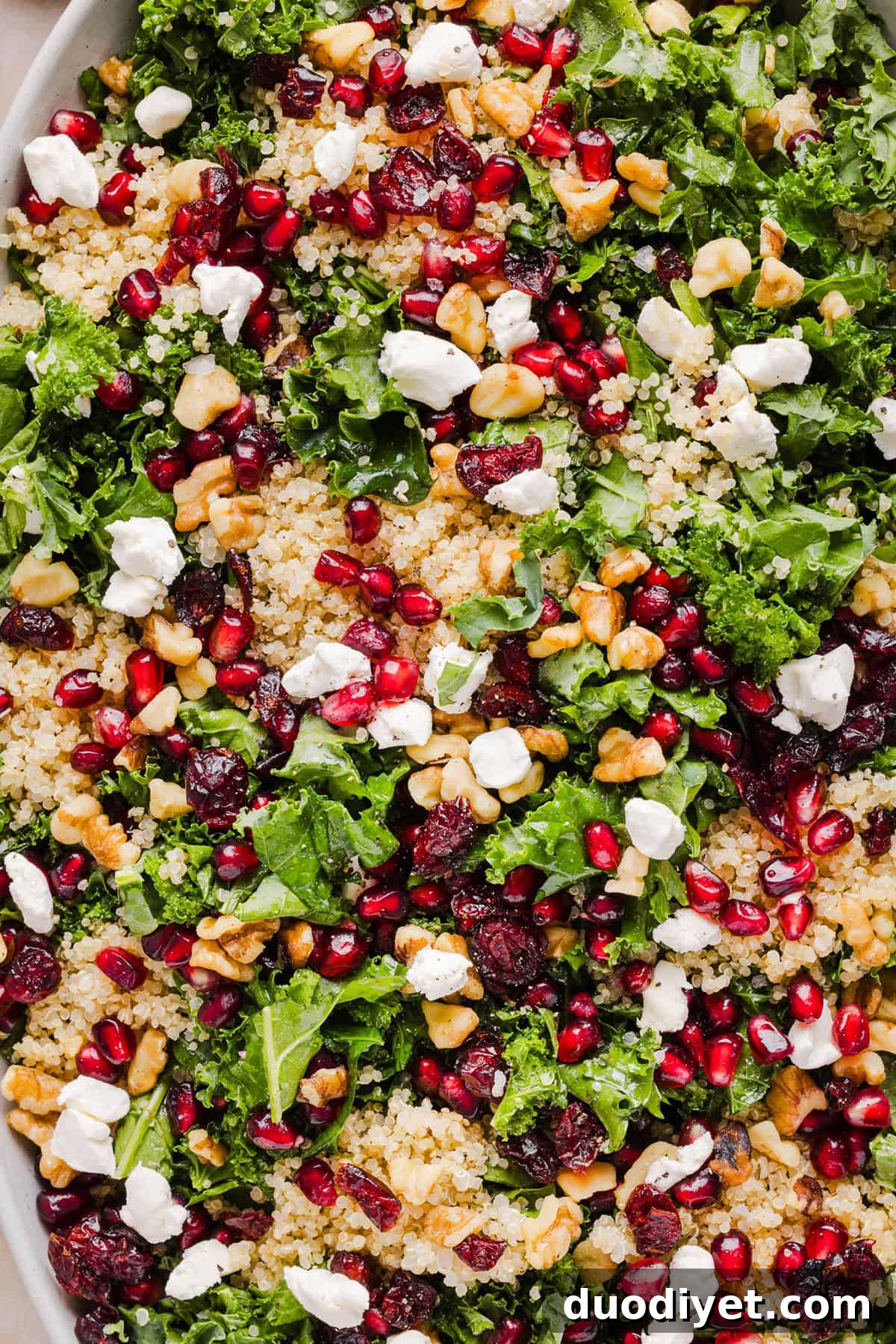 Bowl of Winter Kale and Quinoa Salad with walnuts and goat cheese