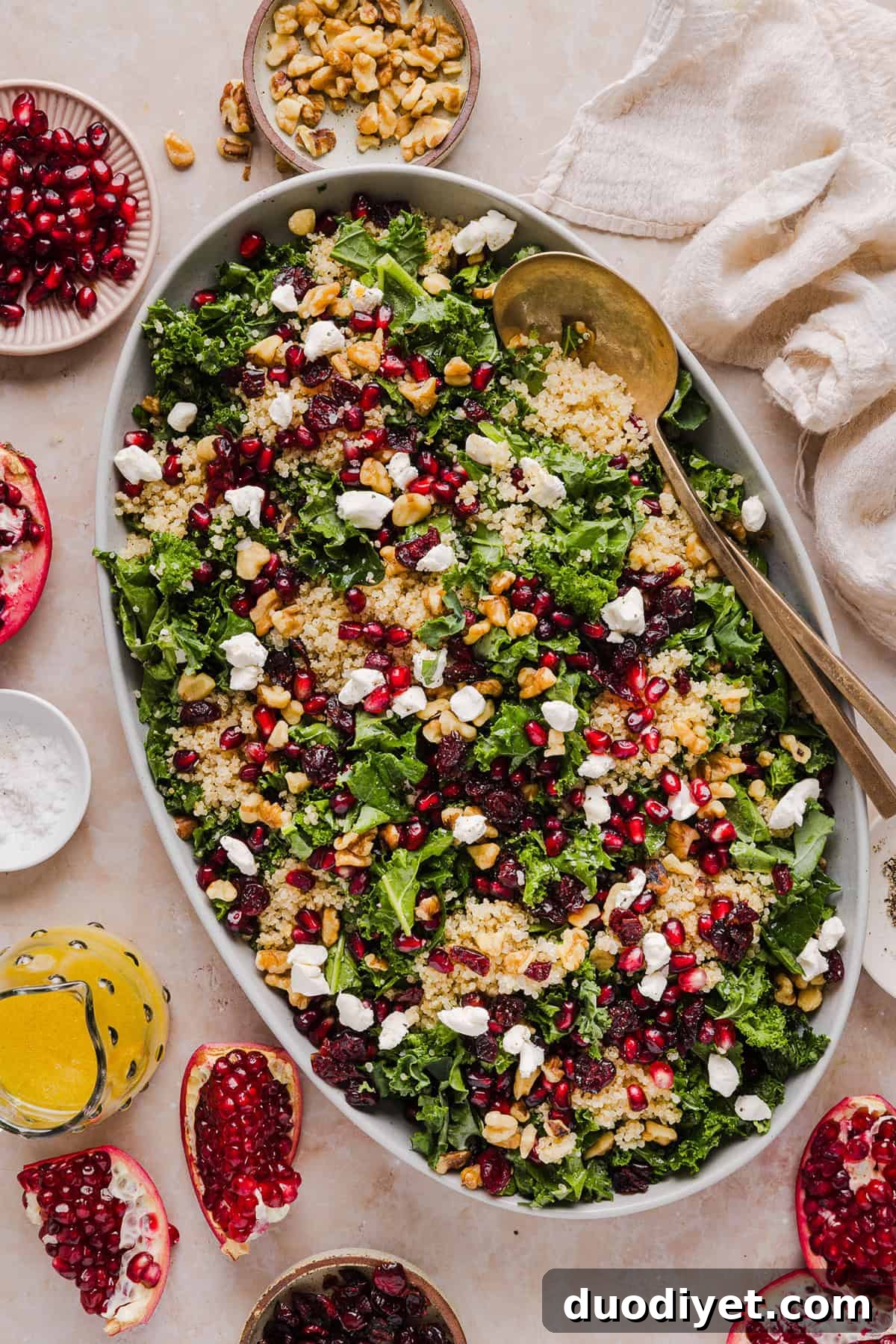 Winter Kale and Quinoa Salad Recipe 8 Ingredients laid out for Winter Kale and Quinoa Salad