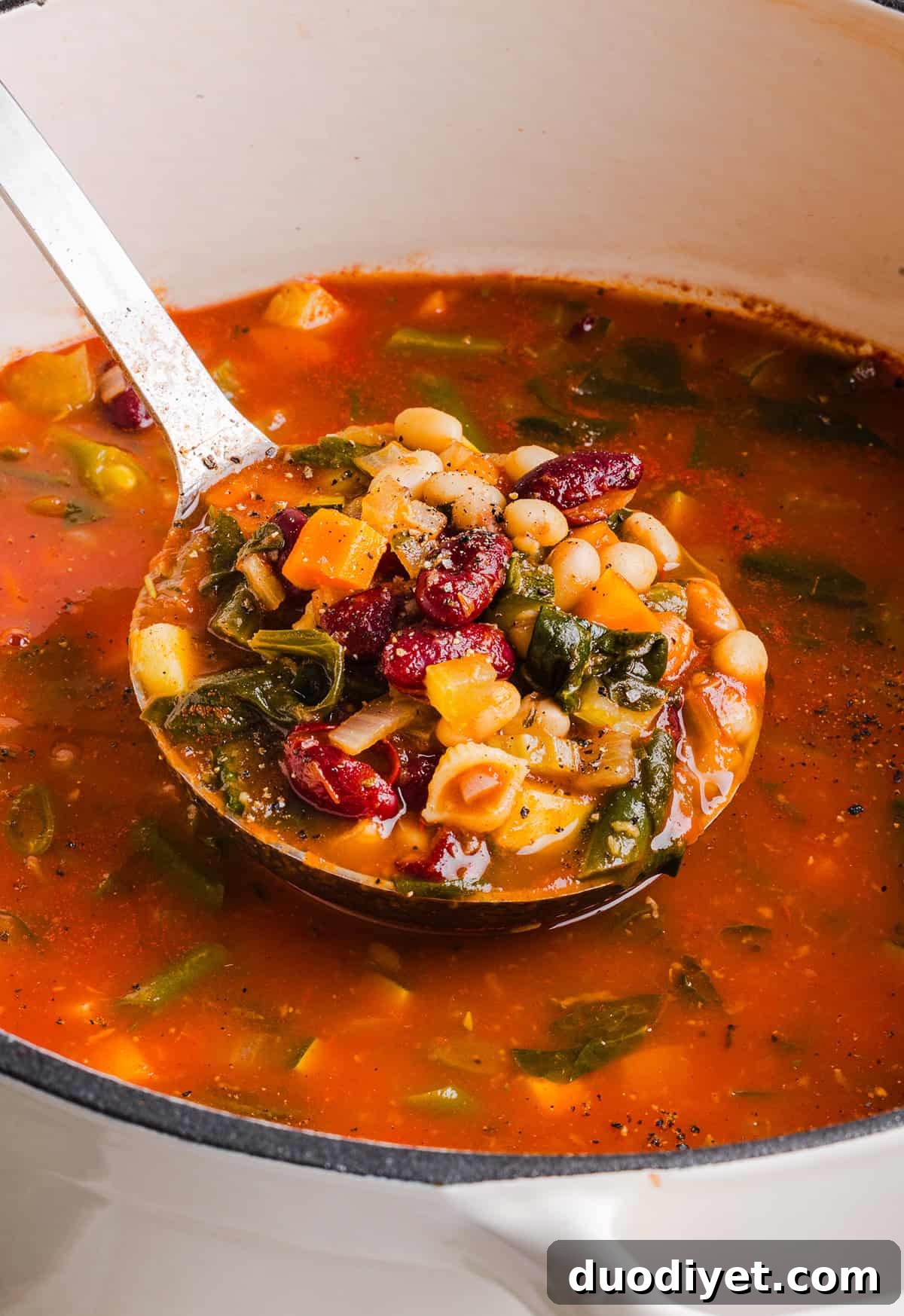 Easy and delicious Olive Garden Minestrone Soup loaded with fresh veggies, leafy greens and simmered in the most flavorful broth! Easily made in one pot for a cozy weeknight dinner the whole family will love!