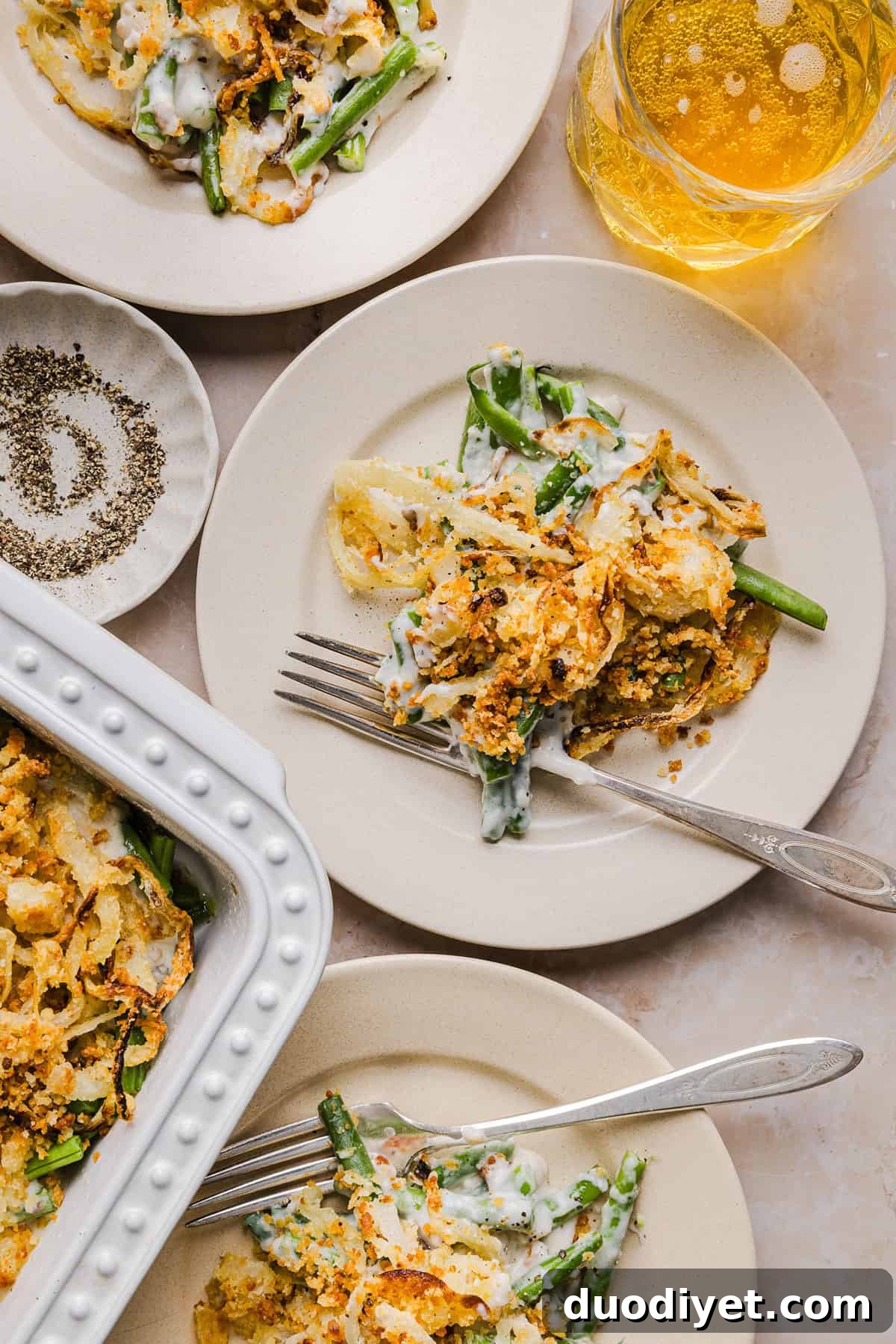 Side shot of green bean casserole plated and ready to serve.