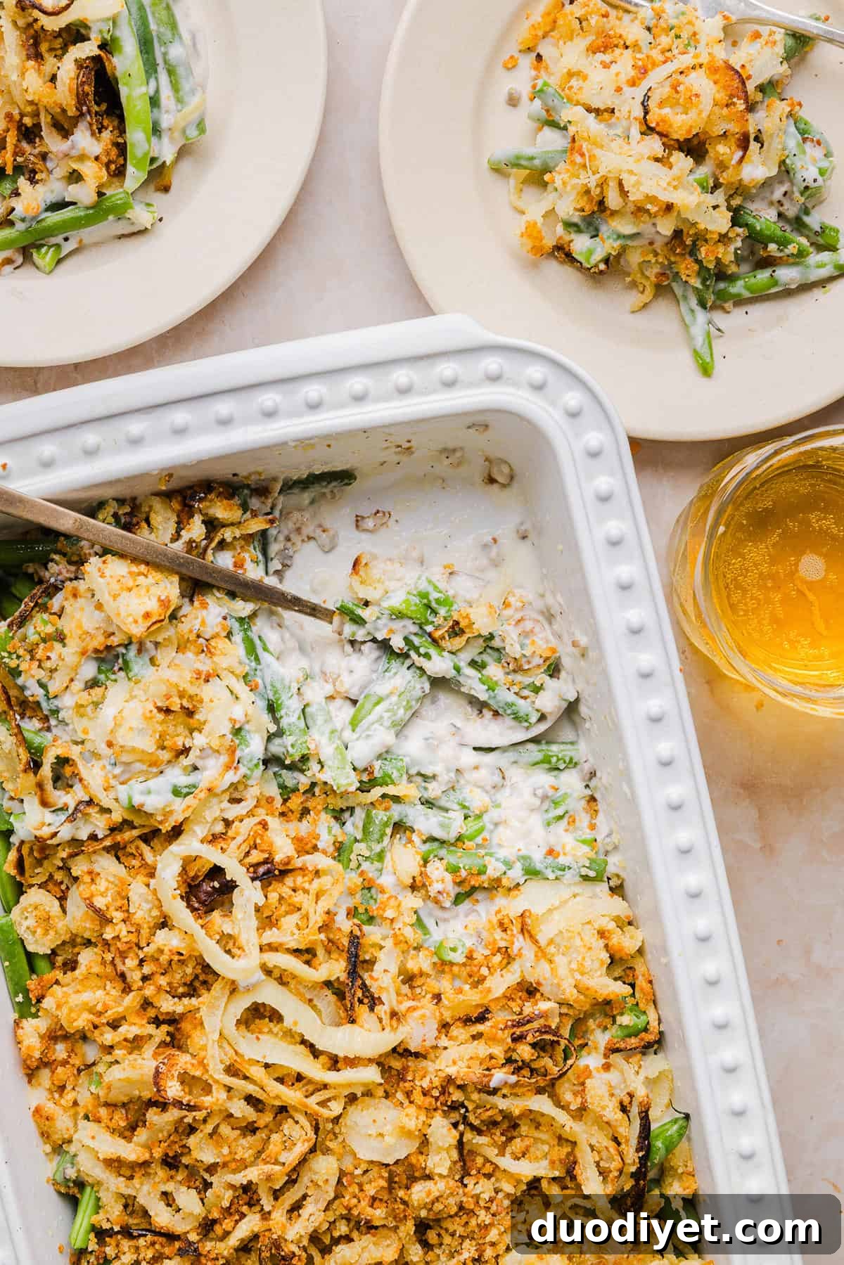 Healthy green bean casserole served at a holiday table.