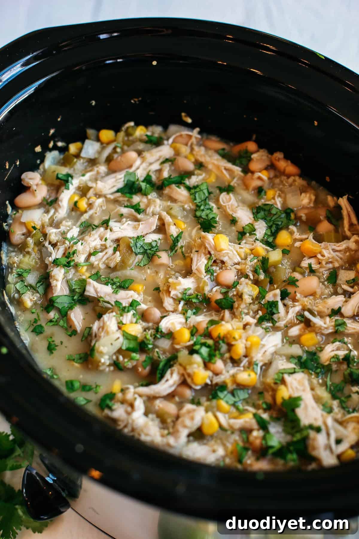Slow Cooker White Chicken and Quinoa Chili in a bowl