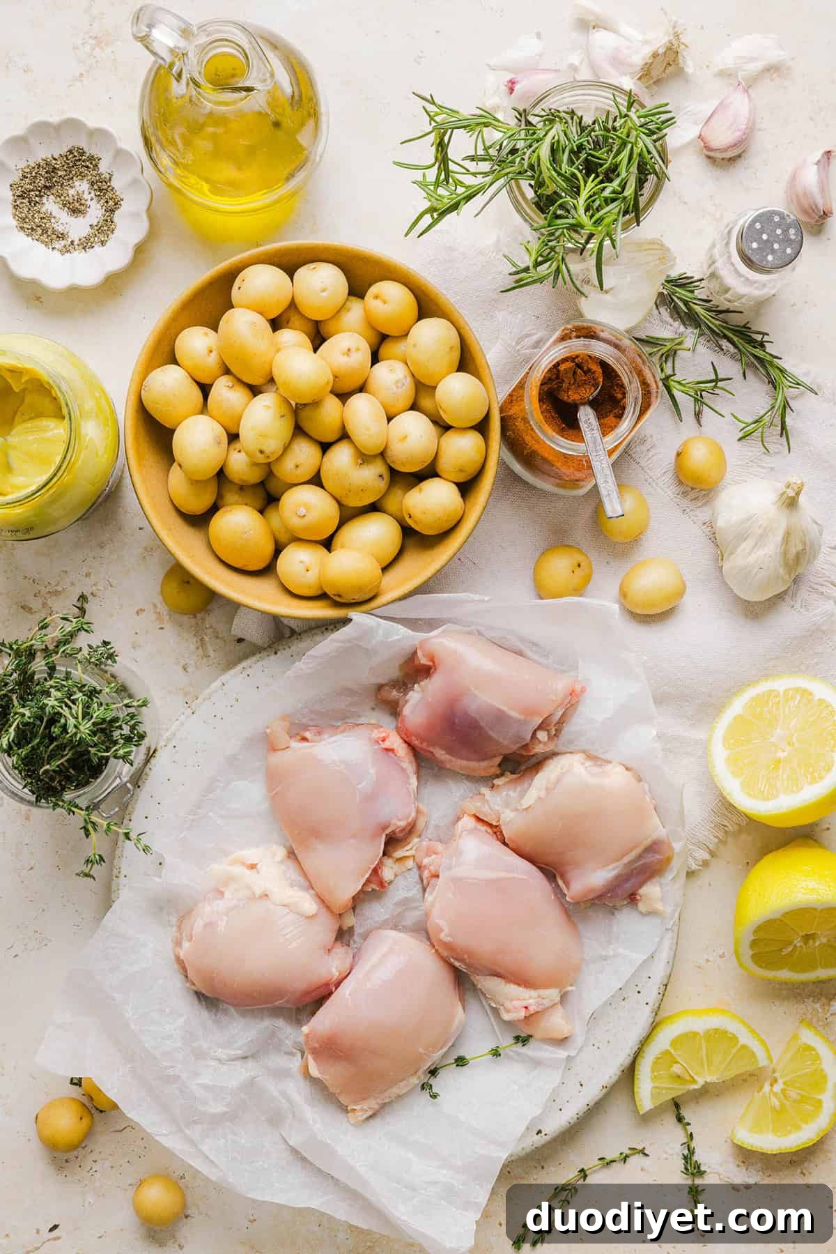Tender lemon rosemary chicken thighs and crispy roasted potatoes on a sheet pan.