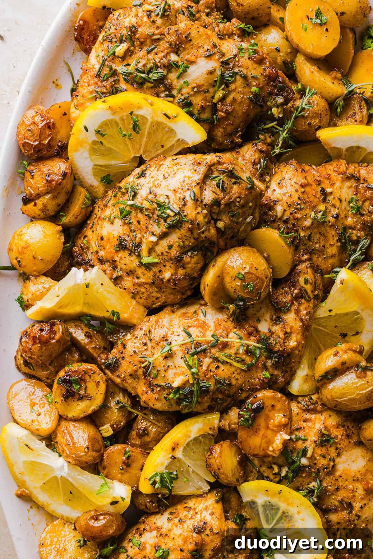 A family-style sheet pan dinner ready to serve.