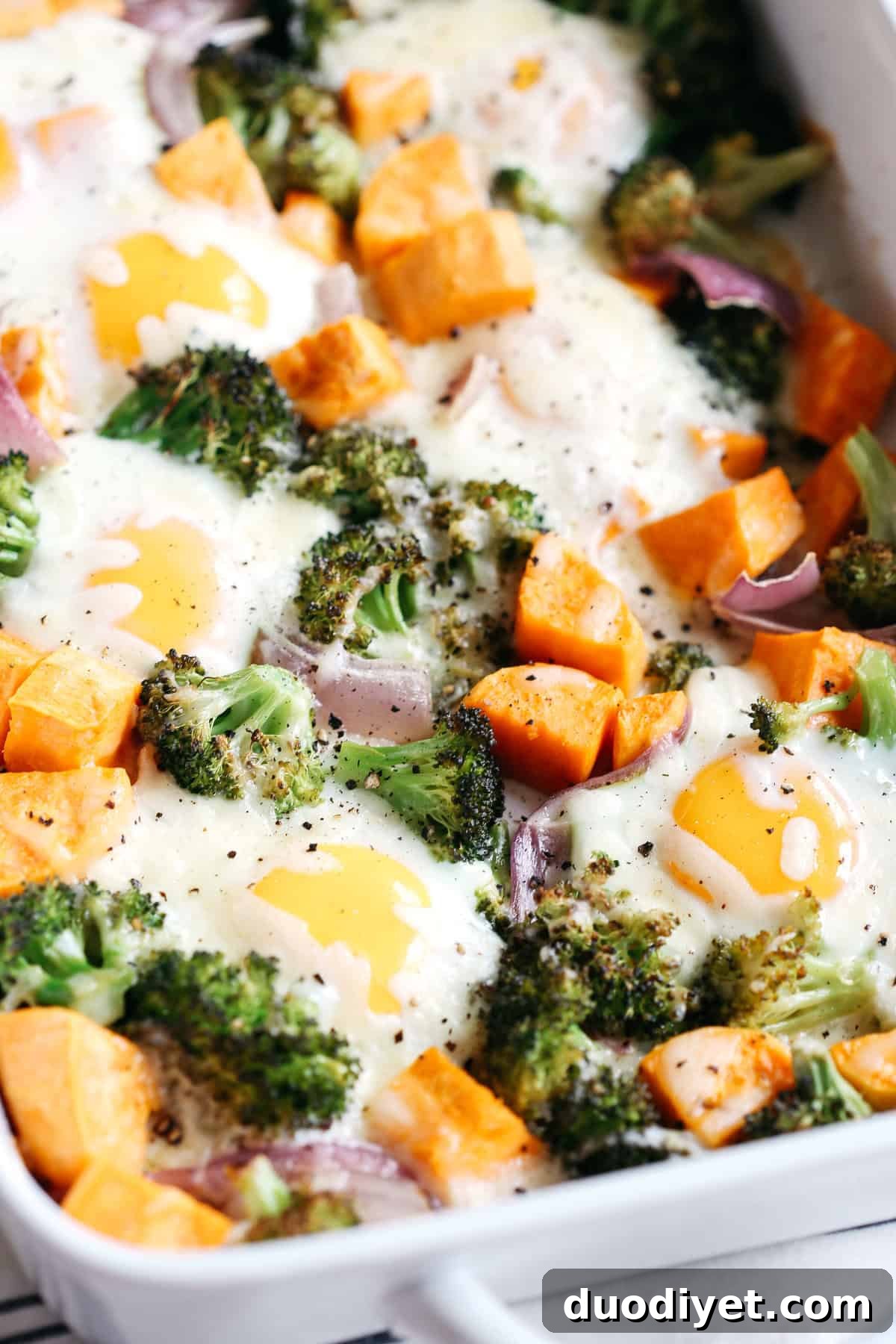 This Baked Egg and Roasted Veggie Casserole is the perfect healthy breakfast that uses up all those leftover veggies in one single dish!