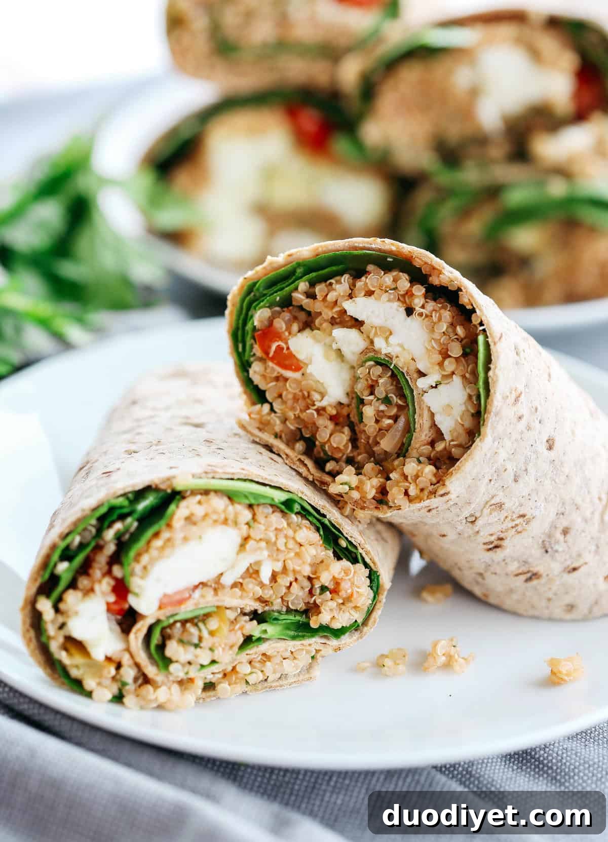 Protein-Packed Quinoa and Egg White Breakfast Wrap Recipe 4 These Quinoa Egg White Wraps are super easy to make, are packed with tons of protein and taste super flavorful! They're also perfect to grab on-the-go!