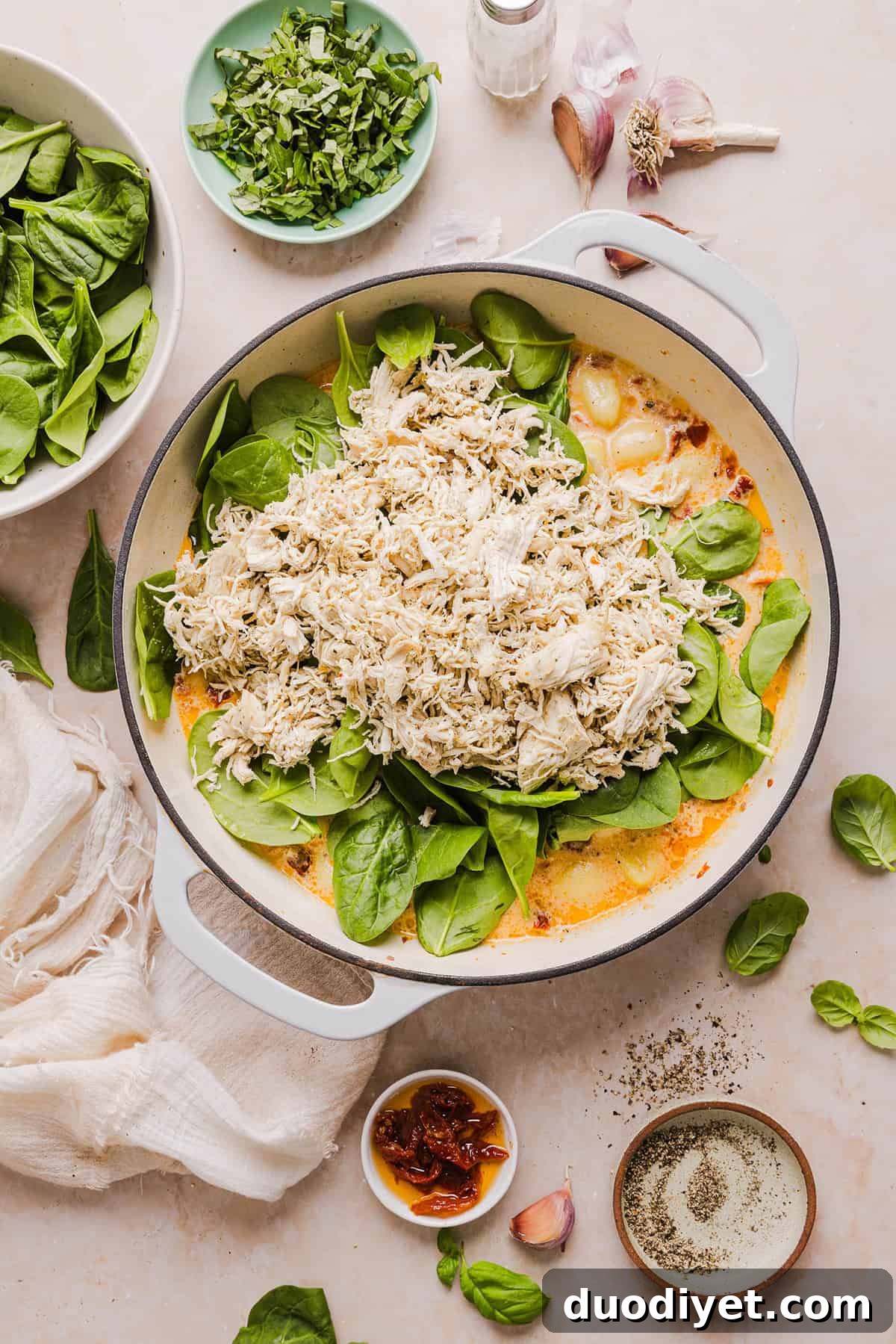 One pan skillet with gnocchi, chicken and creamy tomato sauce