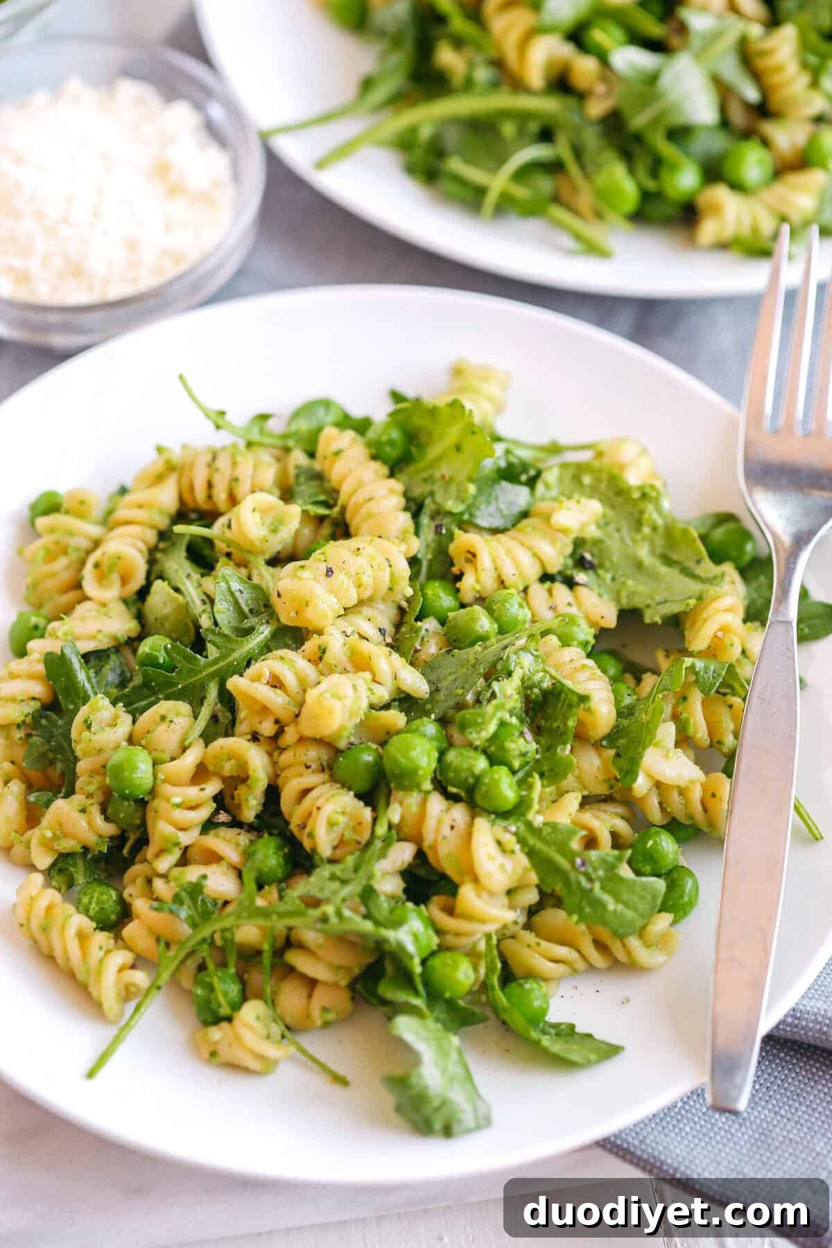 Pea and Arugula Pesto Pasta Salad Recipe 5 Close-up of Pea and Arugula Pesto Pasta Salad showing texture