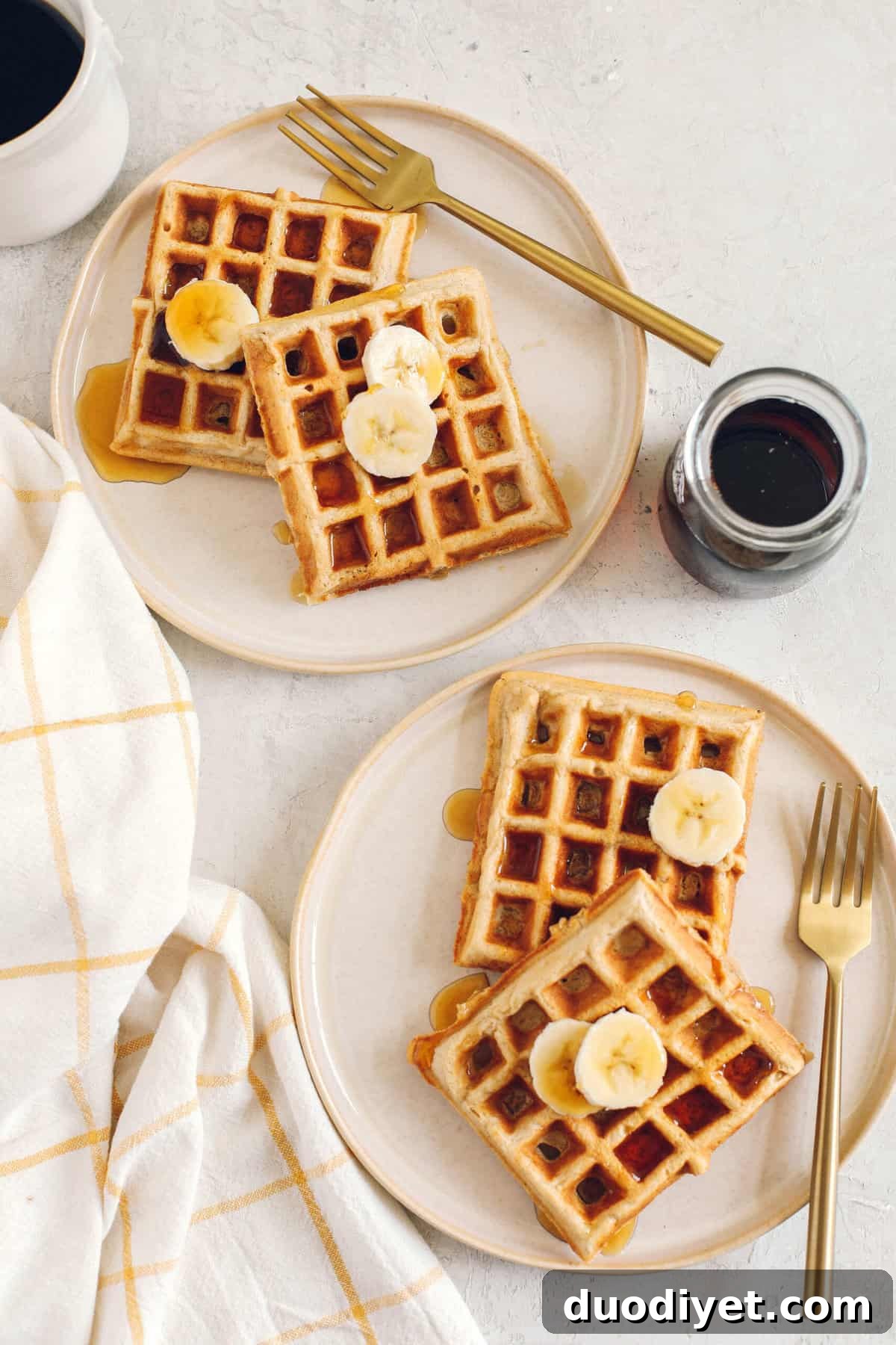 Whole-Wheat Banana Waffles Recipe 5 Light and fluffy Whole Wheat Banana Waffles with perfectly crisp edges, warm spices and made with zero refined sugar for the perfect healthy morning breakfast!