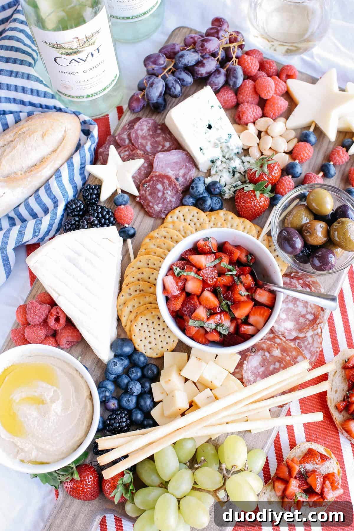 Red, White and Blue Cheese Board for 4th of July 2 The 4th of July is right around the corner so kick off the summer with the Ultimate Patriotic Cheeseboard! Grab your favorite bottle of wine and share this festive appetizer with your friends and family this holiday!