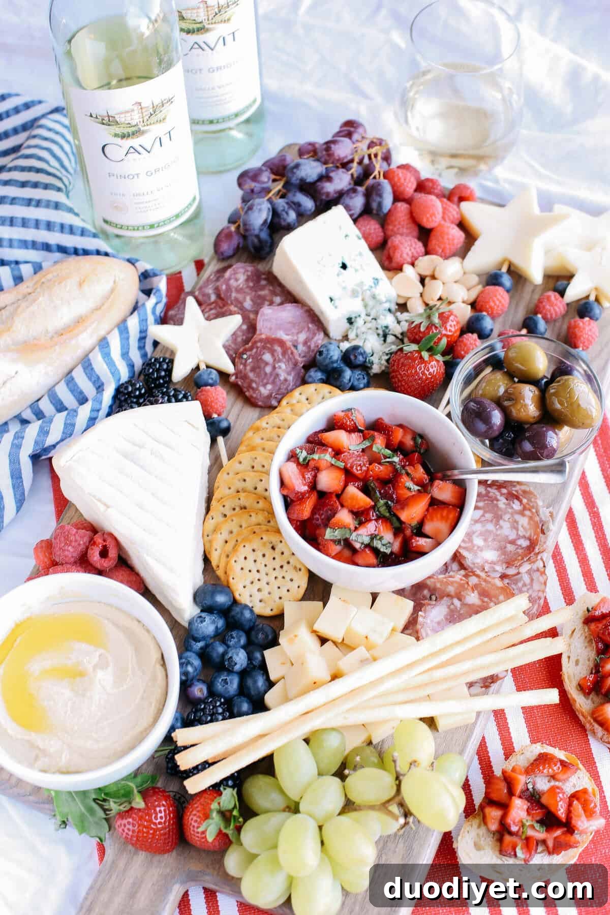 Red, White and Blue Cheese Board for 4th of July 4 Patriotic cheeseboard detail with strawberries and blueberries