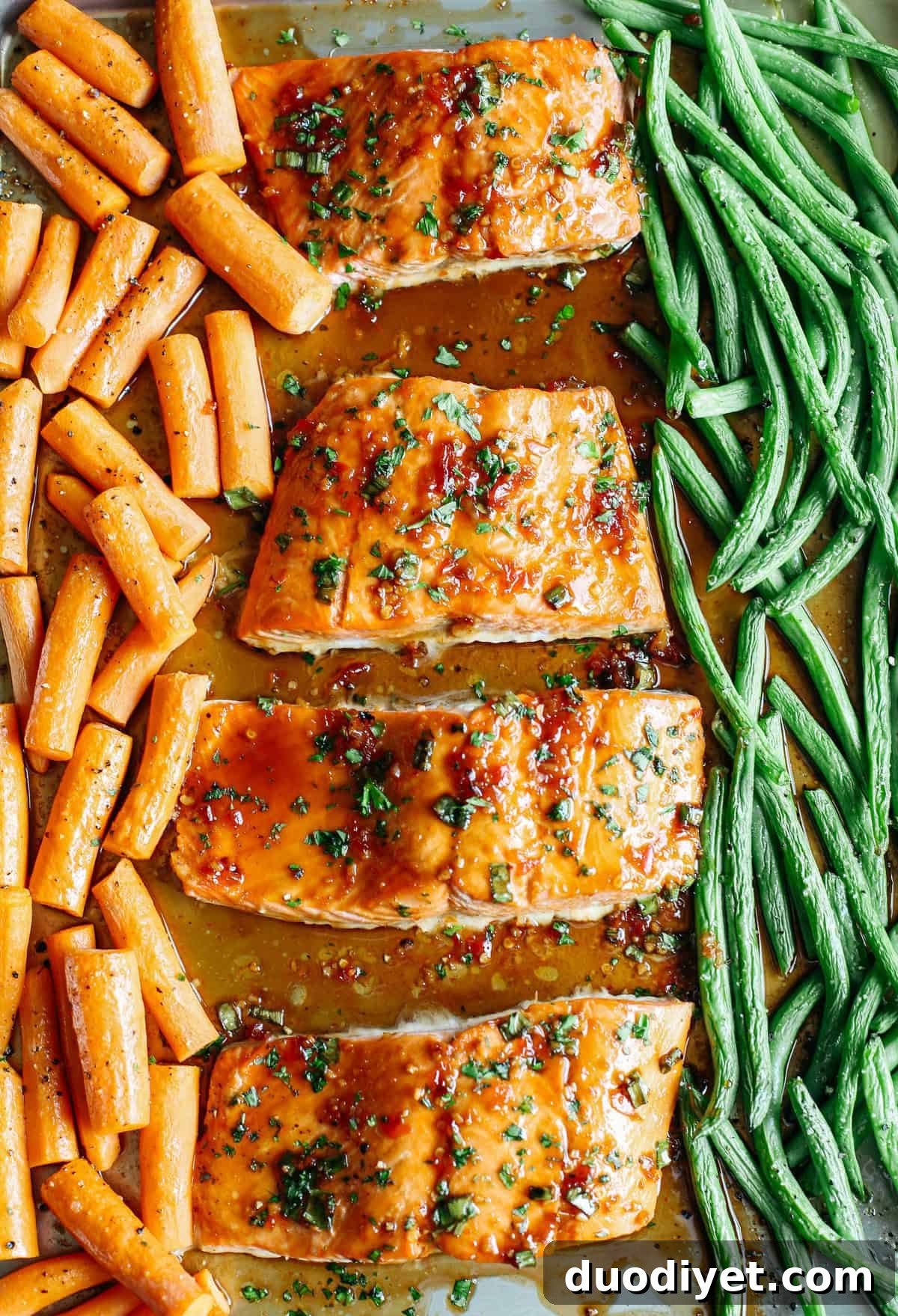 Sheet Pan Salmon with Ginger-Soy Glaze 5 This Sheet Pan Ginger Soy Glazed Salmon makes the perfect weeknight dinner that’s quick, healthy and easily made all on one pan!