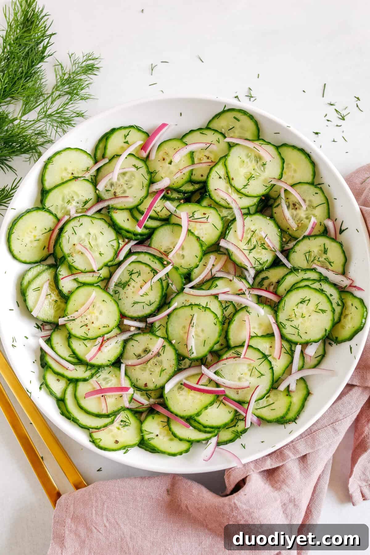 Quick and Easy Sweet Cucumber Salad made with crisp cucumbers, slices of red onion and fresh dill all tossed in a tangy vinaigrette that comes together in less than 10 minutes! Perfect summer side dish that is light and refreshing!