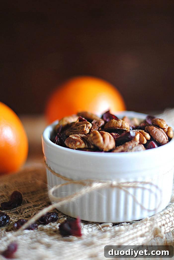Orange Chipotle-Spiced Pecan Mix - tray of spiced pecans and cranberries