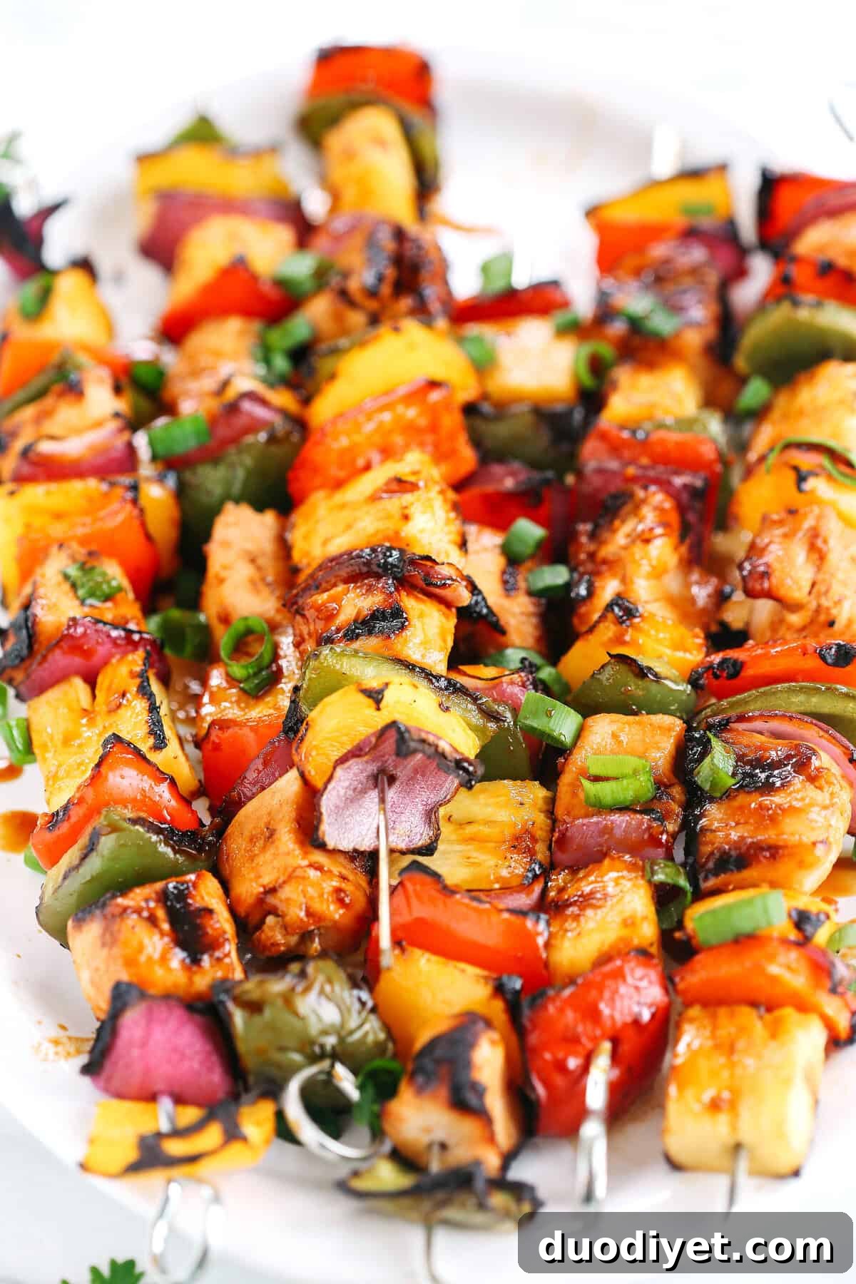 Colorful Hawaiian Chicken Kabobs ready to grill