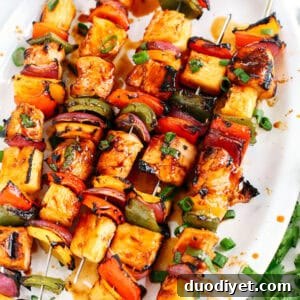 Grilled Hawaiian Chicken Skewers with Pineapple and Teriyaki 6 These Hawaiian Chicken Kabobs make the perfect summer meal that is easy, delicious and full of so much flavor!