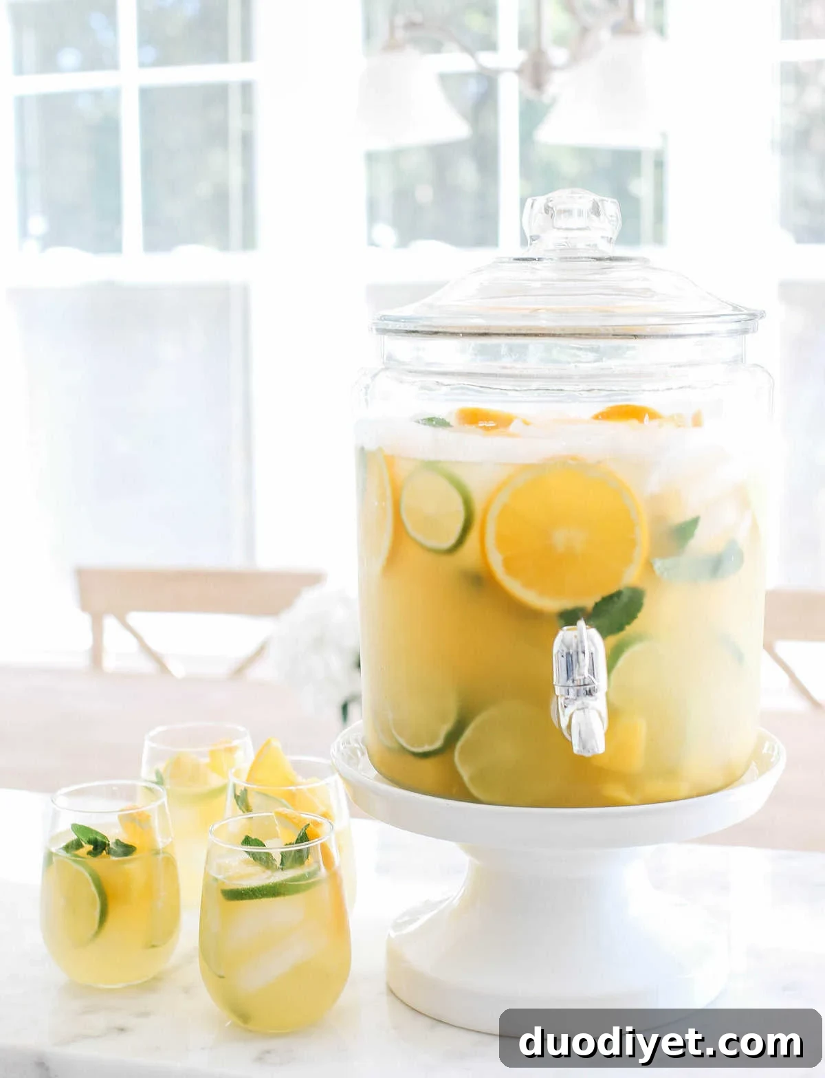 Sparkling Citrus Summer Sangria with White Wine 5 A glass of citrus sangria finished with mint and sparkling water.