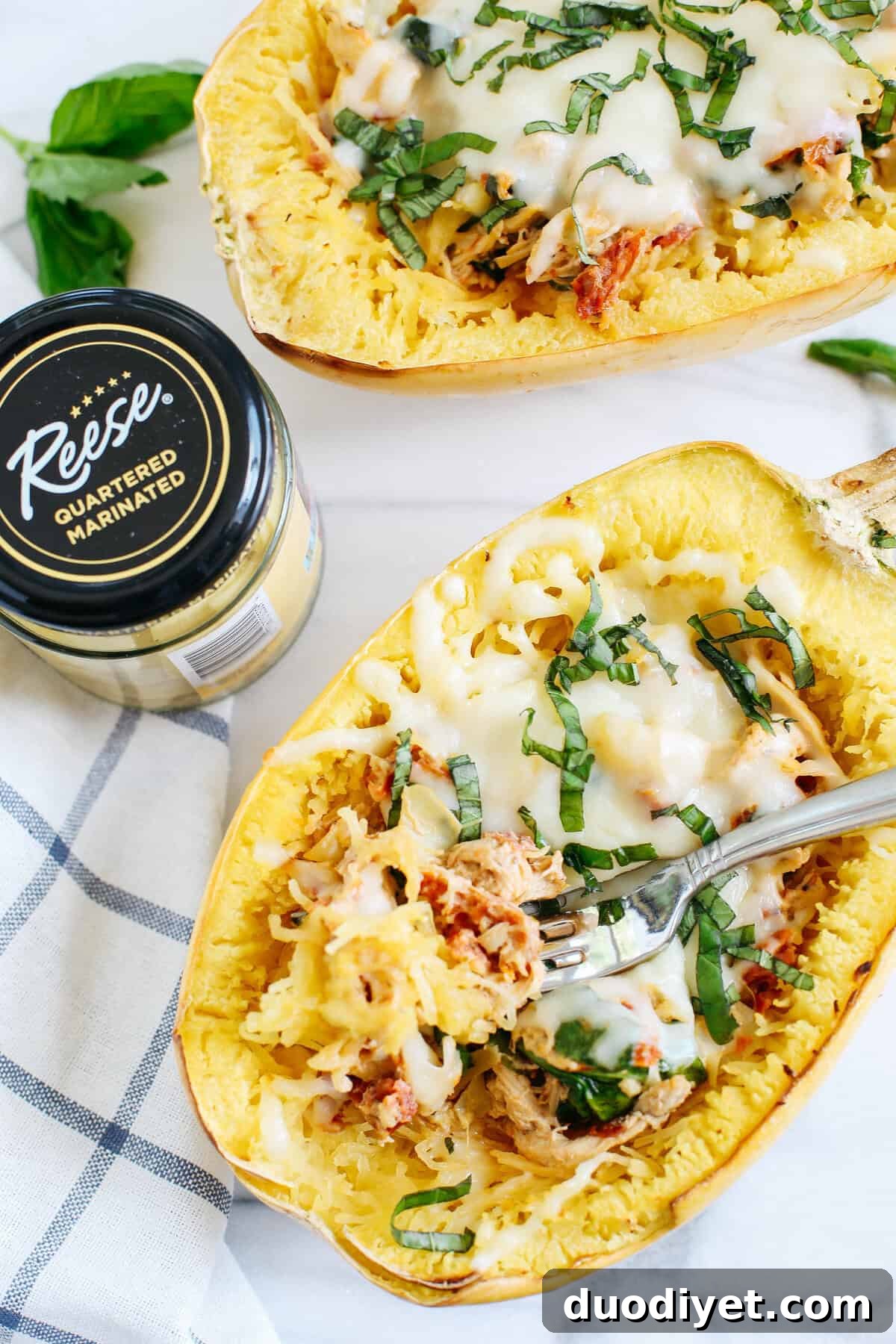 Sun Dried Tomato and Artichoke Spaghetti Squash Boats