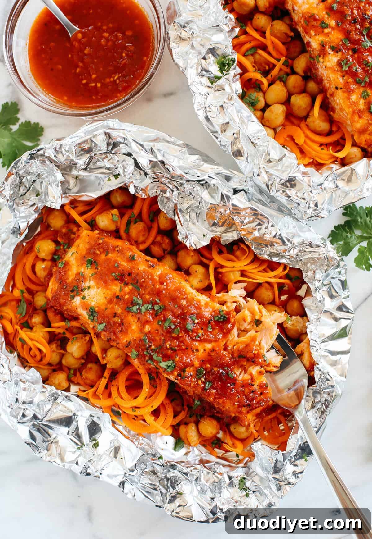 Moroccan Salmon Foil Packets with Carrot Noodles and Chickpeas 2 Moroccan Salmon Foil Packets with Carrot Noodles & Chickpeas