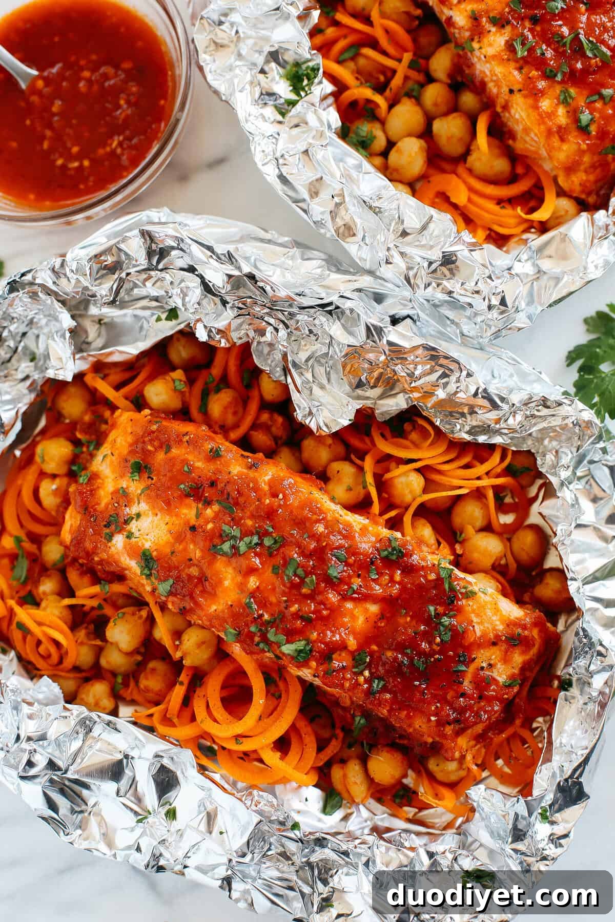 Moroccan Salmon Foil Packets with Carrot Noodles and Chickpeas 3 Moroccan Salmon Foil Packets ready to bake
