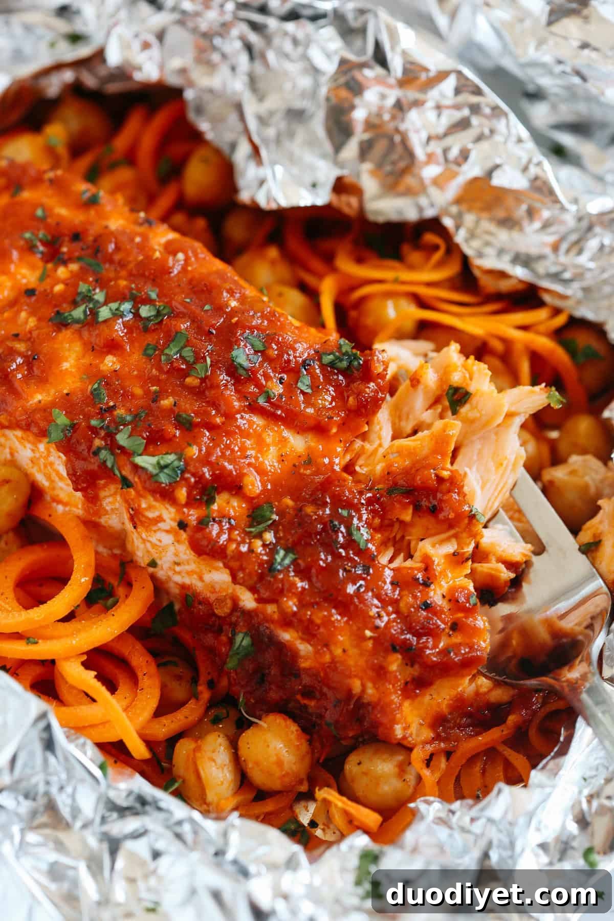 Moroccan Salmon Foil Packets with Carrot Noodles and Chickpeas 5 Plated Moroccan Salmon Foil Packet