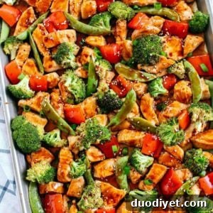 Final plated sheet pan sesame chicken and veggies