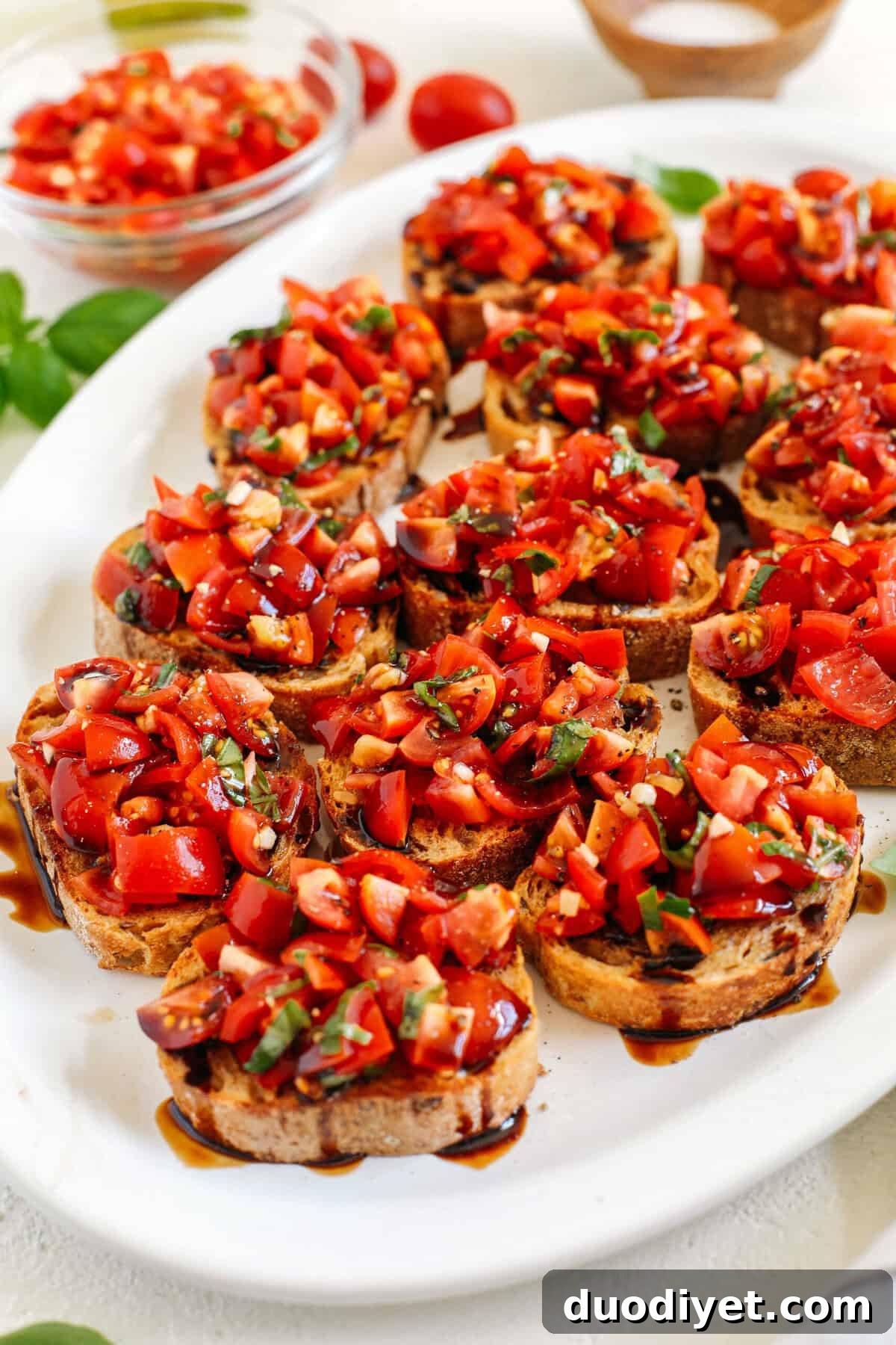 The Easiest Tomato and Basil Bruschetta recipe that is super flavorful, easy to make and such a huge crowdpleaser when entertaining! Made with fresh tomatoes, garlic cloves, rich balsamic vinegar, olive oil and fresh basil.