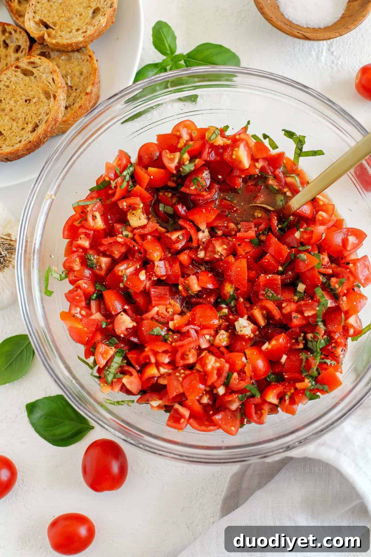 The Easiest Tomato and Basil Bruschetta recipe that is super flavorful, easy to make and such a huge crowdpleaser when entertaining! Made with fresh tomatoes, garlic cloves, rich balsamic vinegar, olive oil and fresh basil.