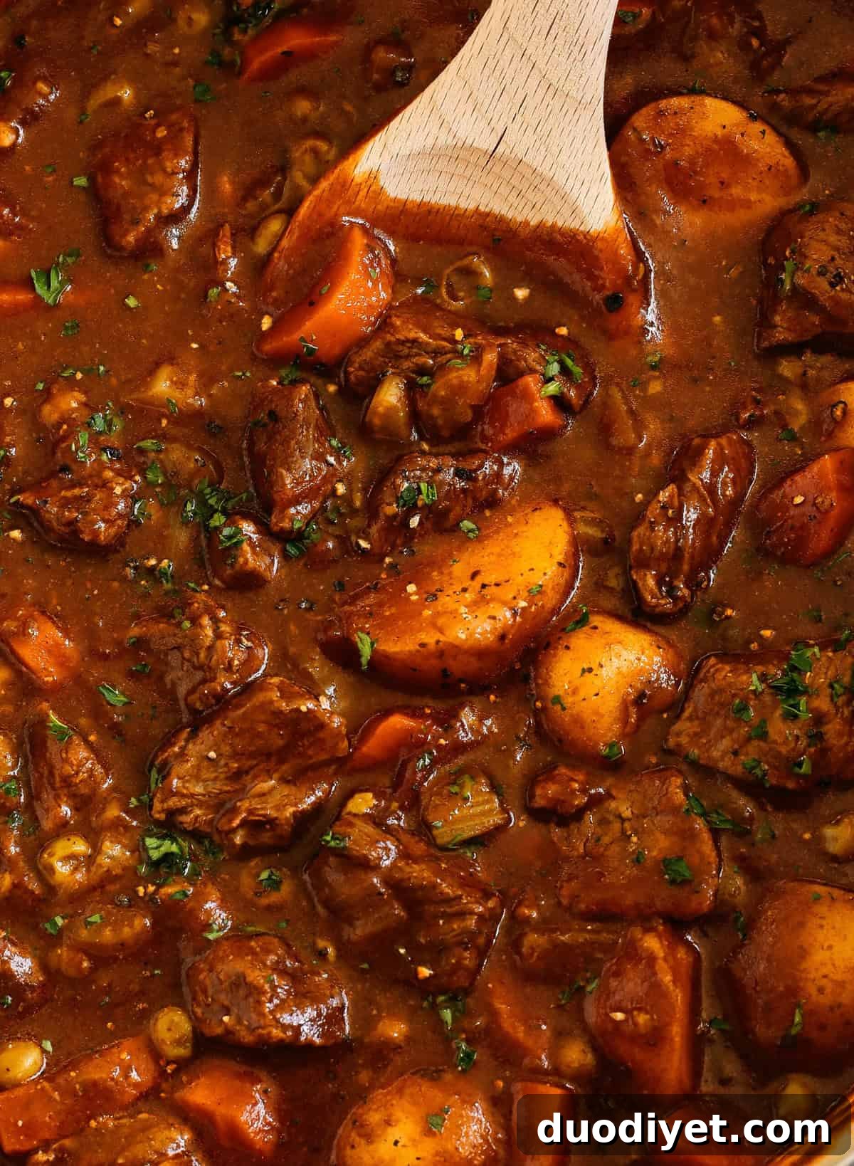 Hearty beef and tomato stew with potatoes and herbs