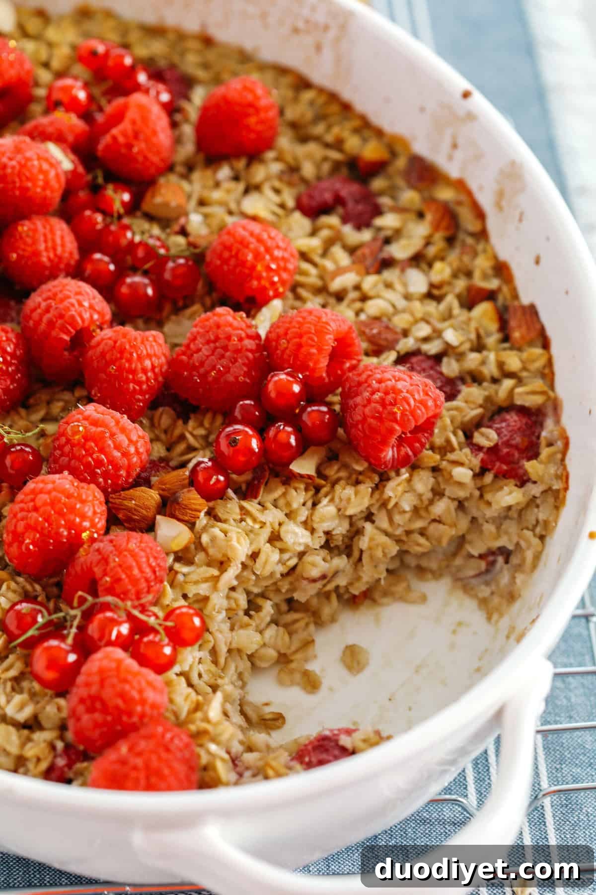 Raspberry and Almond Baked Oatmeal Recipe 3 Baked oatmeal in baking dish
