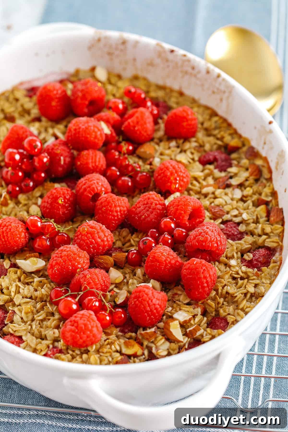 Raspberry and Almond Baked Oatmeal Recipe 4 Served baked oatmeal with raspberries and almonds