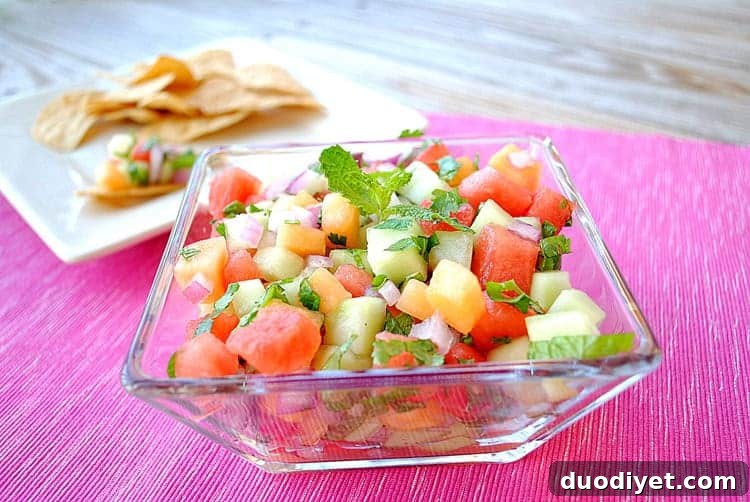 Mojito Melon Salsa: watermelon, cantaloupe, honeydew, cucumber, mint and cilantro tossed with lime