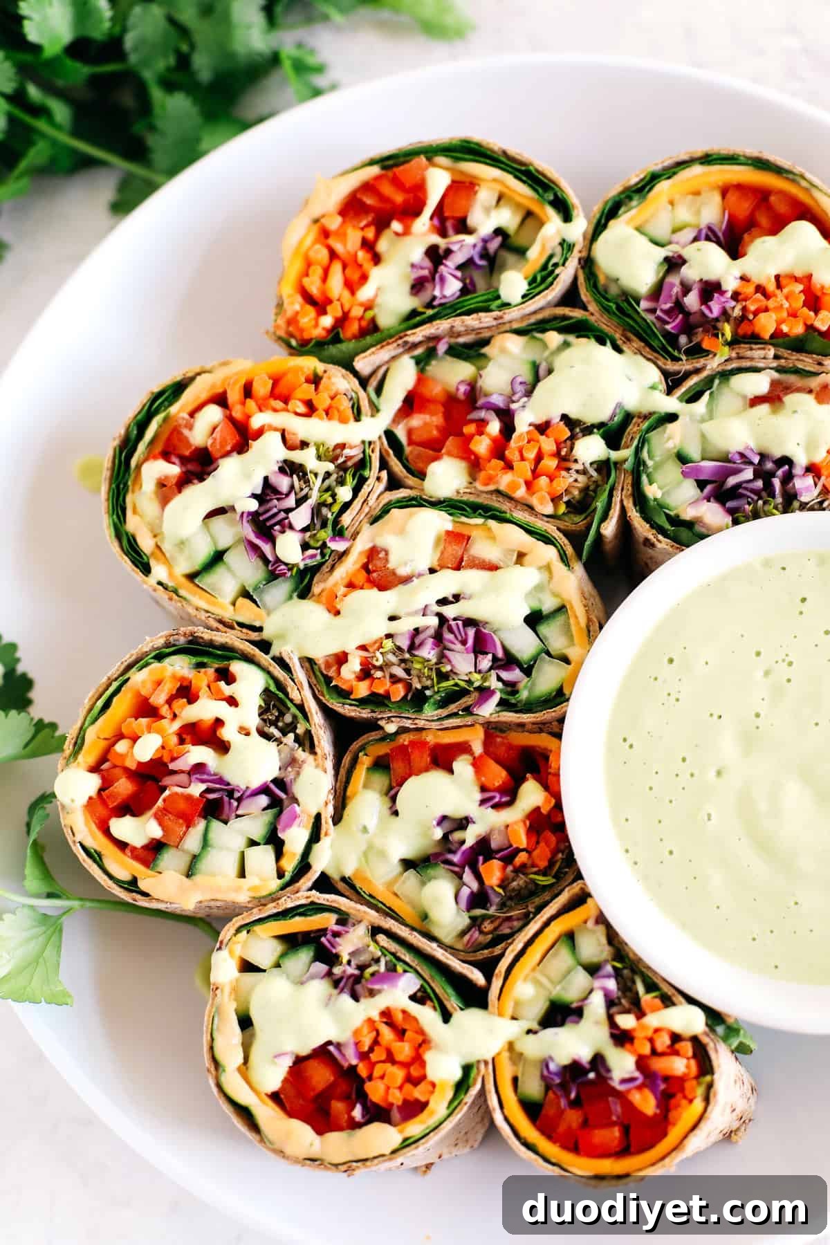 Rainbow Vegetable Rolls with Ginger Avocado Dressing 5 These colorful Rainbow Veggie Rolls are healthy, crunchy and loaded with tons of fresh veggies along with a delicious Ginger Avocado Dressing for dipping or drizzling!