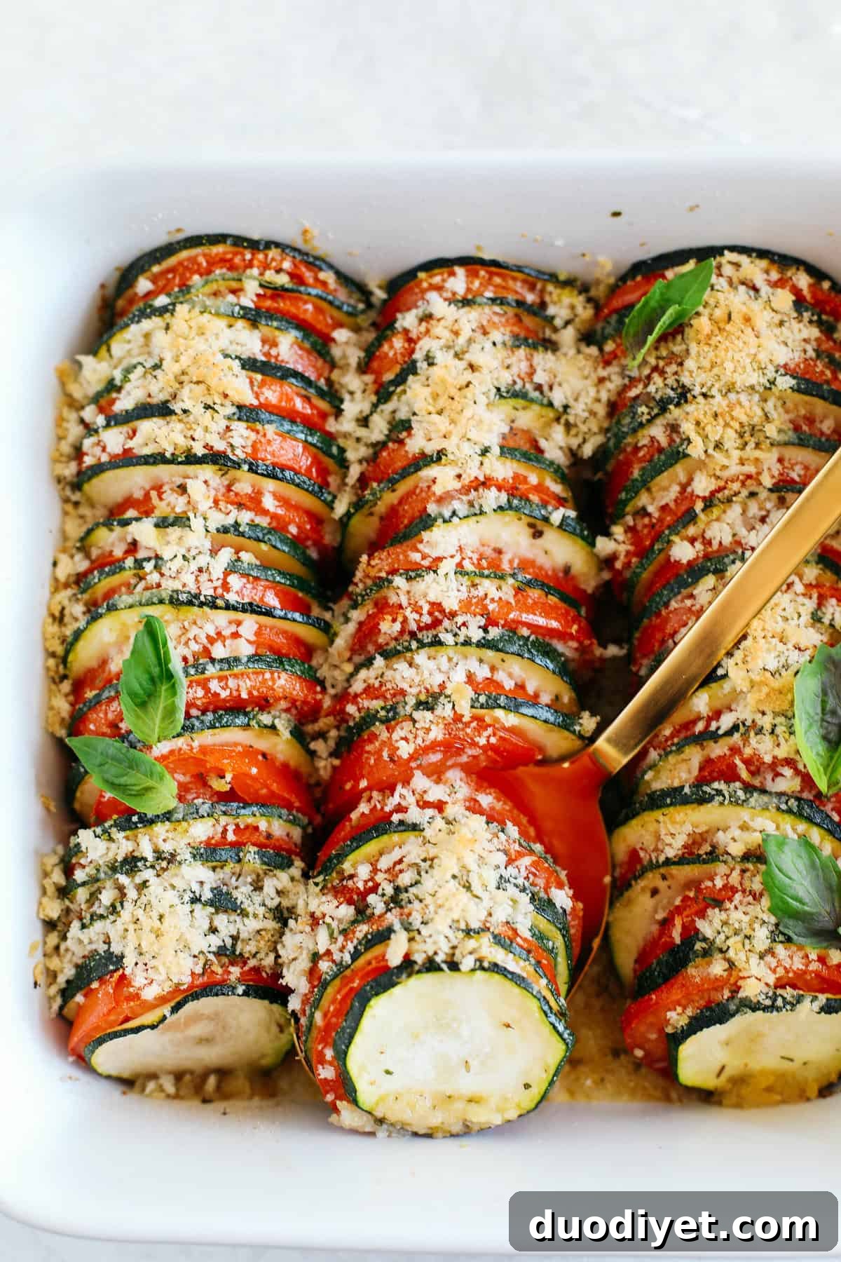 Finished zucchini and tomato gratin fresh from the oven