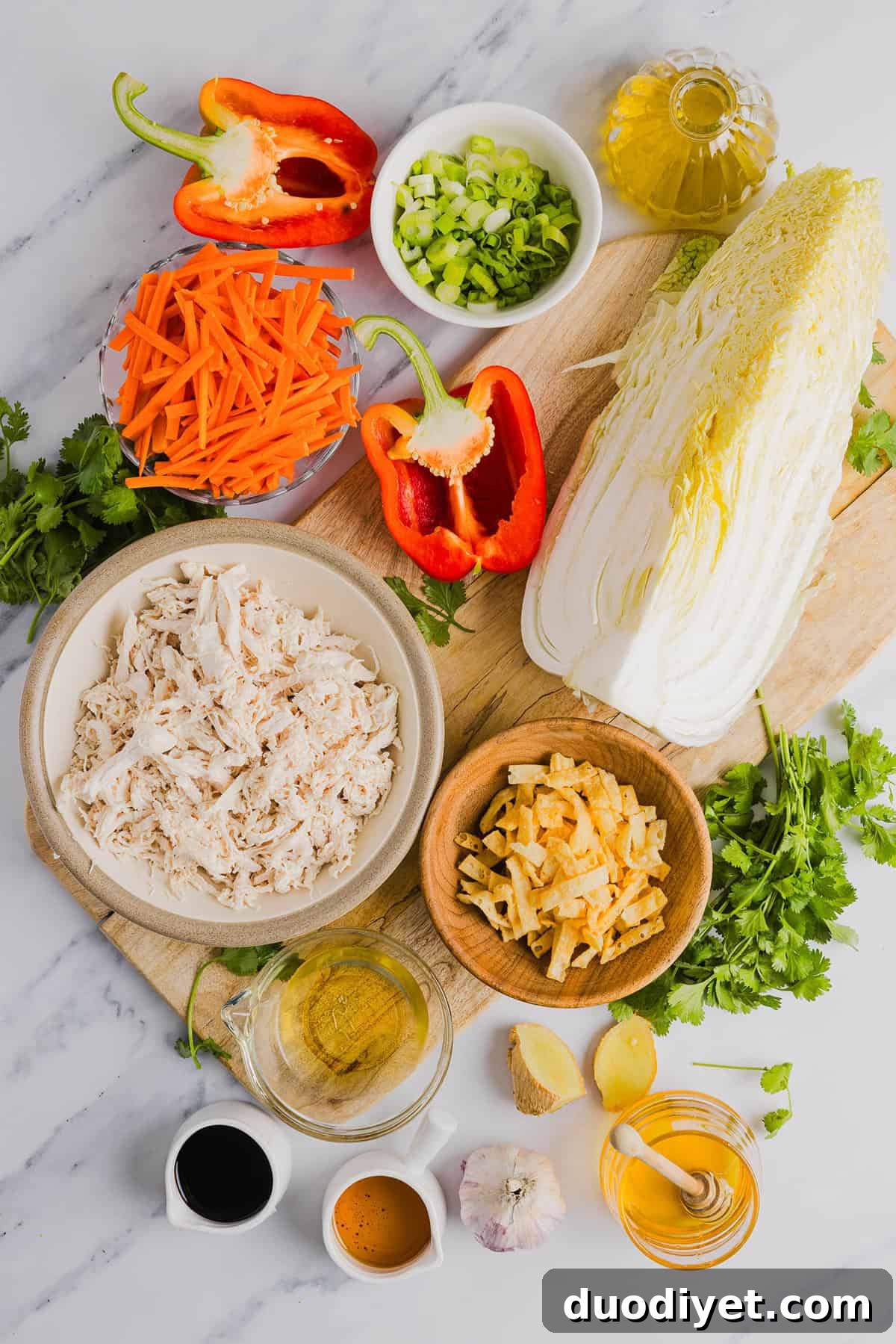 Crunchy Thai Chicken Salad Recipe with Peanut-Lime Dressing 3 Fresh and crunchy Thai Chicken Salad filled with cabbage, bell peppers, carrots and cilantro all tossed together with a delicious ginger-sesame vinaigrette!