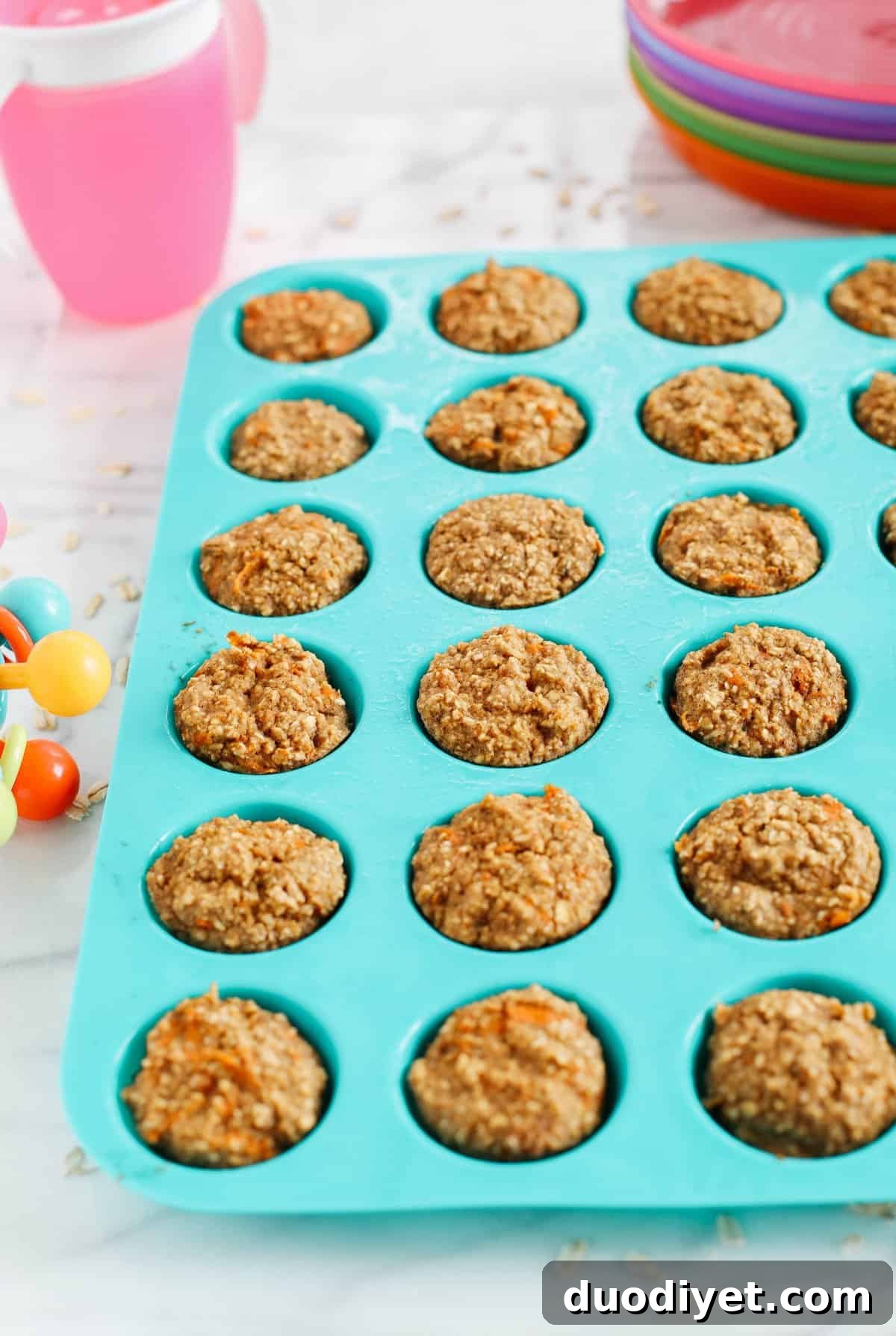 These bite-sized muffins are healthy, nutritious and the perfect way to use up leftover jars of baby food! No added sugar and your little ones will love them!