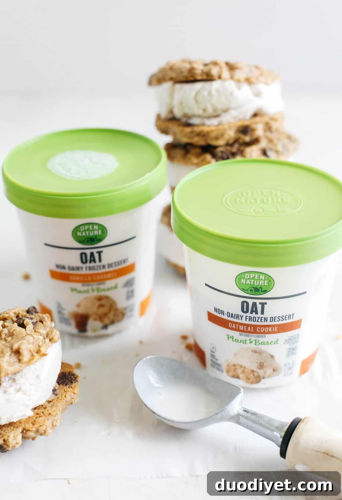 Homemade Oatmeal Chocolate Chip Cookie Ice Cream Sandwiches 4 Celebrate the summer with these homemade oatmeal chocolate chip cookie ice cream sandwiches that are dairy-free, vegan and taste just like your childhood!